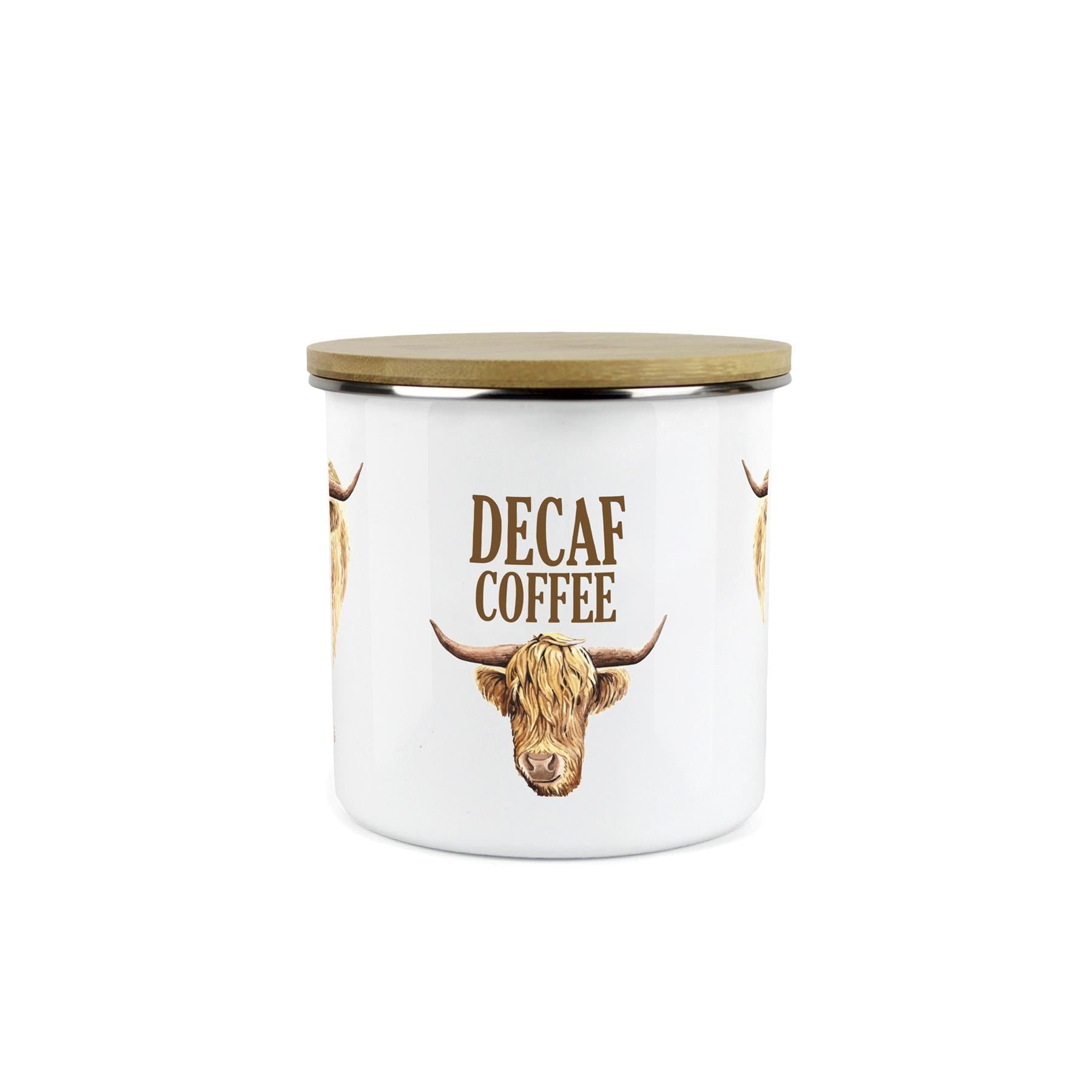 Decaf Coffee Highland Cow Storage Canister - Enamel & Bamboo Kitchen Storage Jar