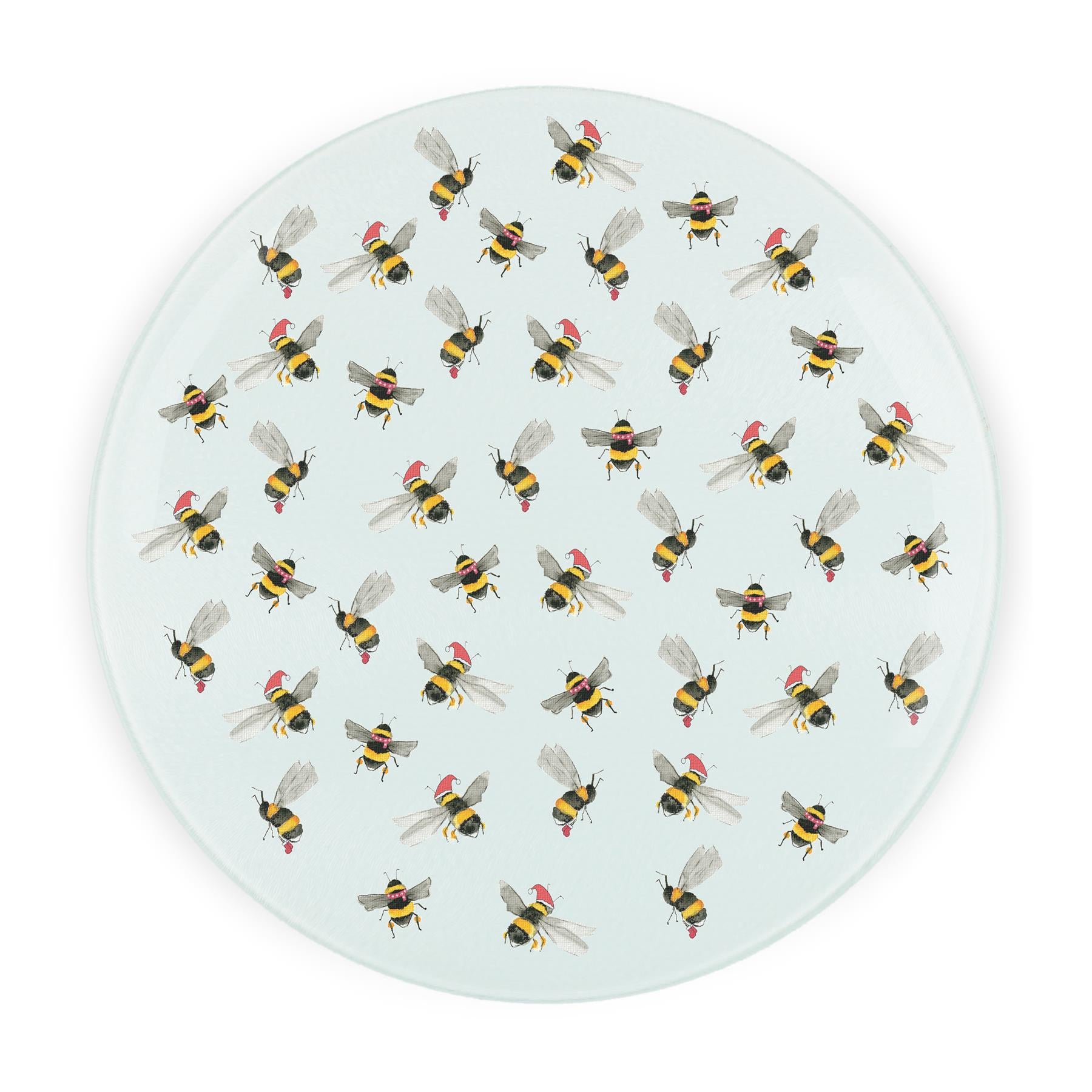 Christmas Bees Round Glass Worktop Saver - Chopping/Cutting Serving Board Gift