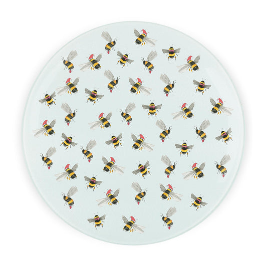 Christmas Bees Round Glass Worktop Saver - Chopping/Cutting Serving Board Gift