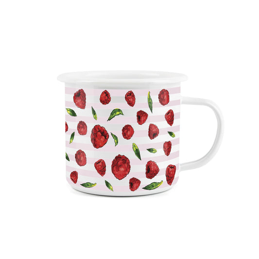 Enamel mug with a raspberry print, perfect for outdoor activities, festivals, and picnics.