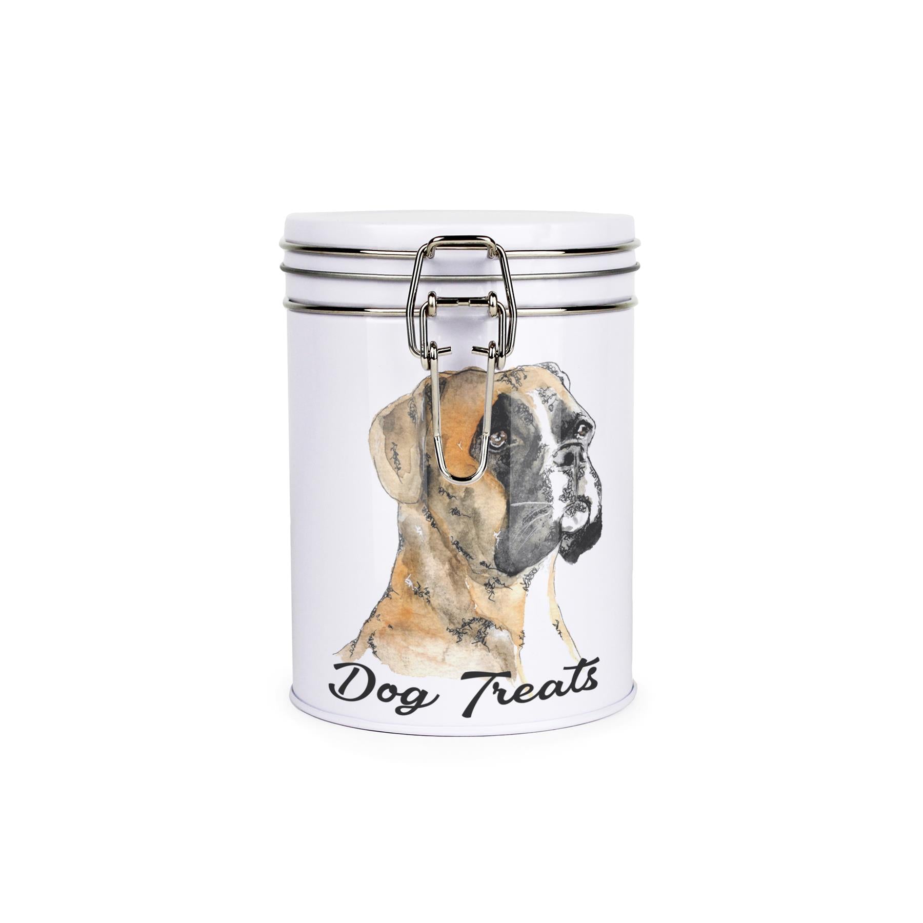 White tinplate canister with metal clip and lid featuring the face of a Boxer with the caption 'Dog Treats'