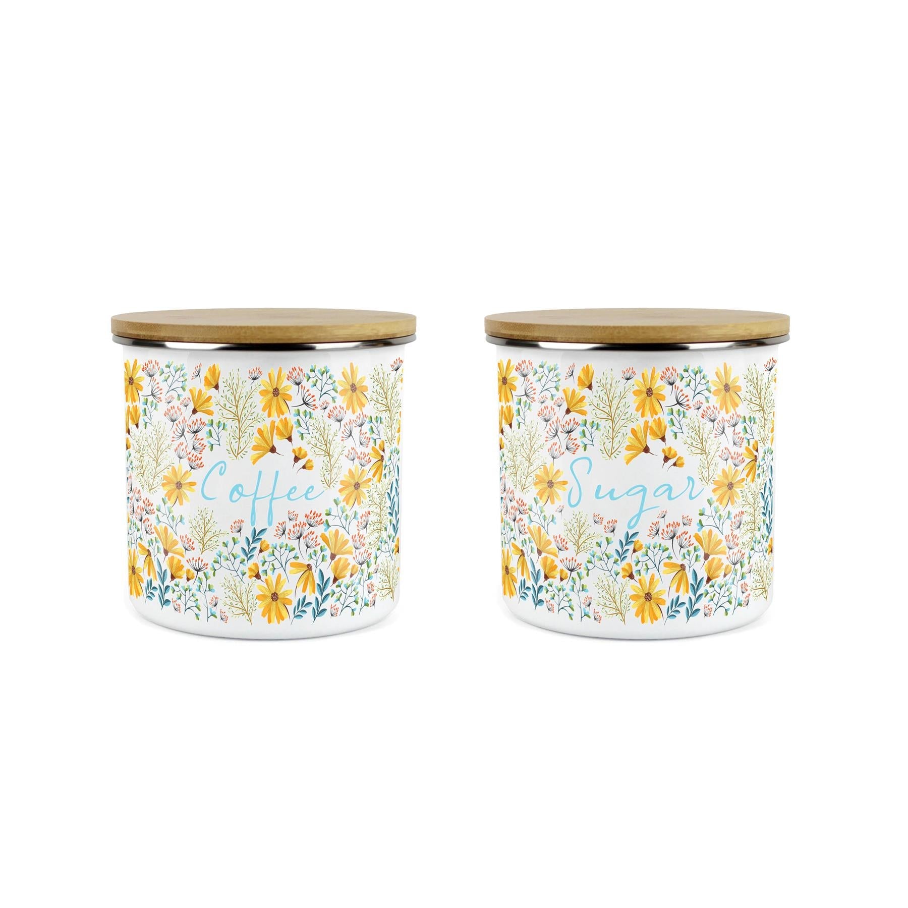 Coffee & Sugar Storage Canisters - 2x Floral Daisies Enamel Kitchen Container
