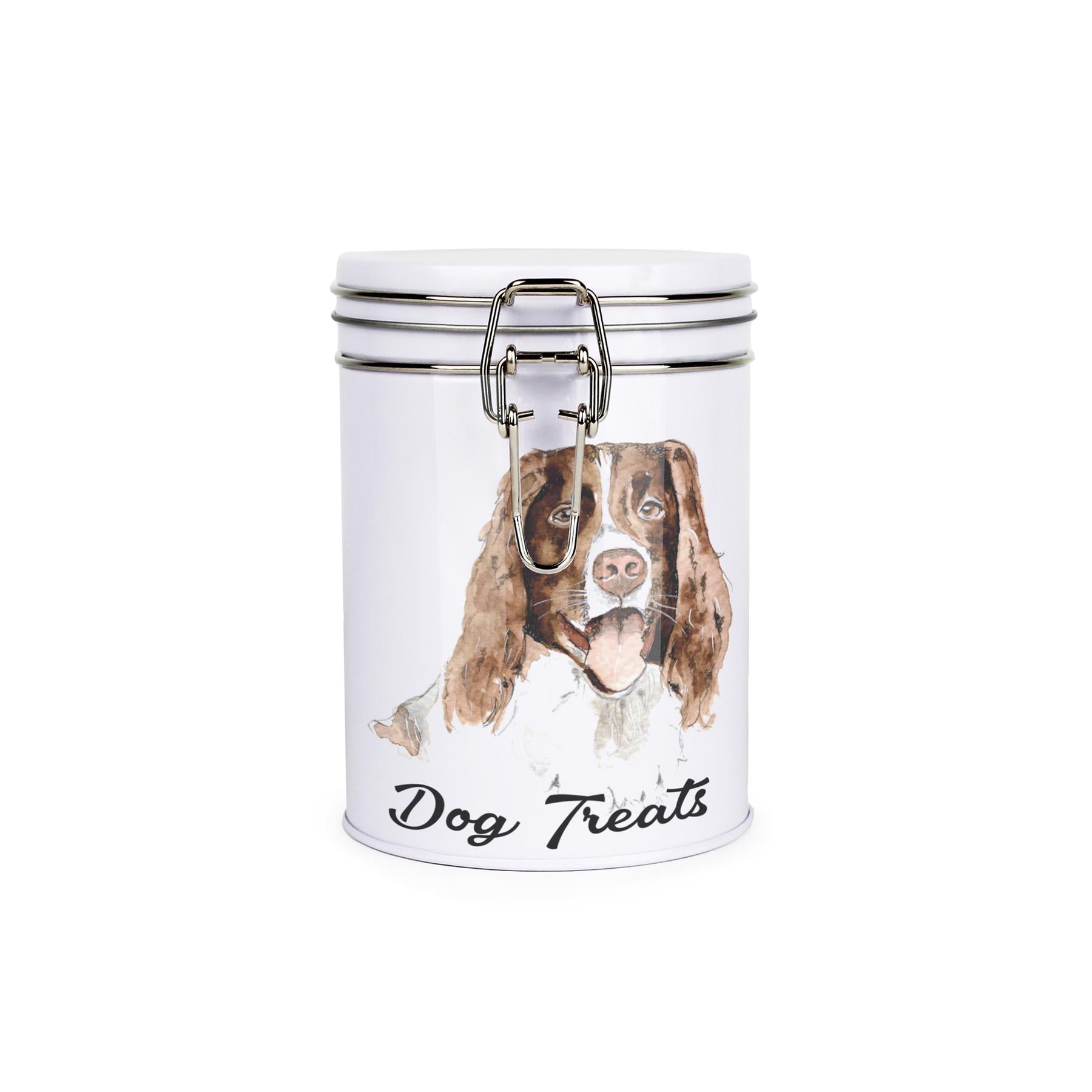 White tinplate canister with metal clip and lid featuring the face of a Springer Spaniel with the caption 'Dog Treats'