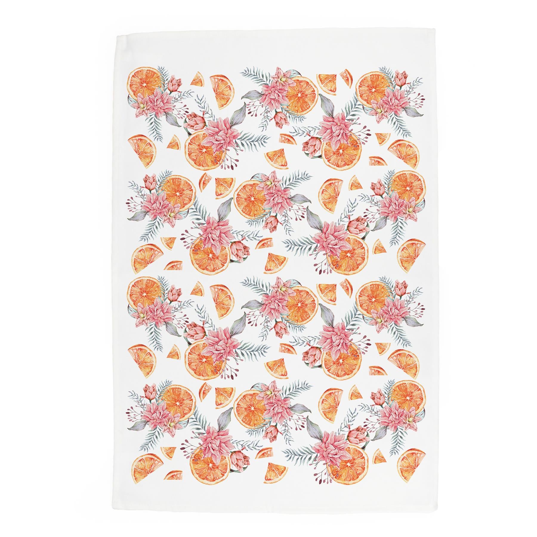 White cotton tea towel with printed watercolour floral tangerine design