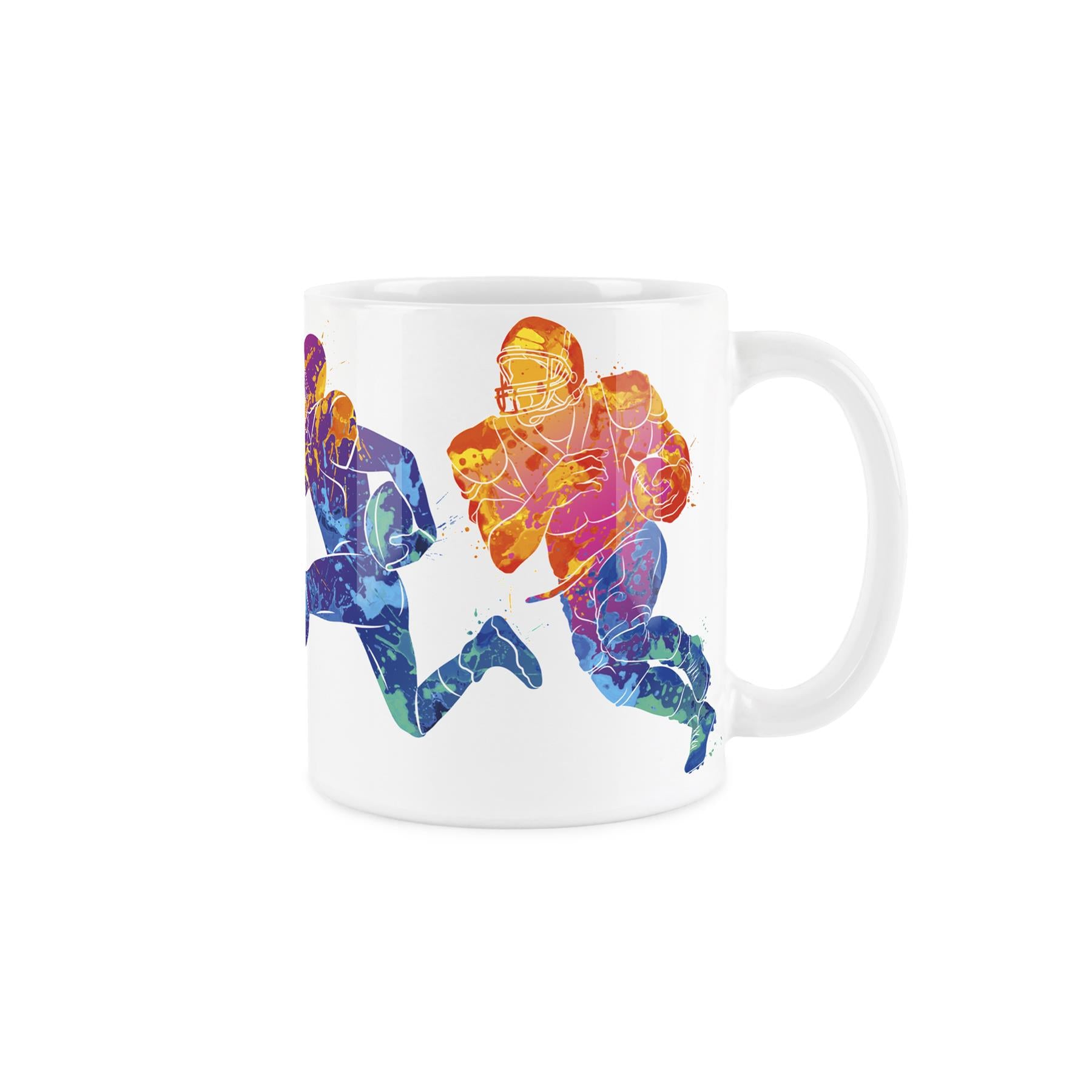 White ceramic mug featuring vibrant, paint-splattered depiction of people playing baseball