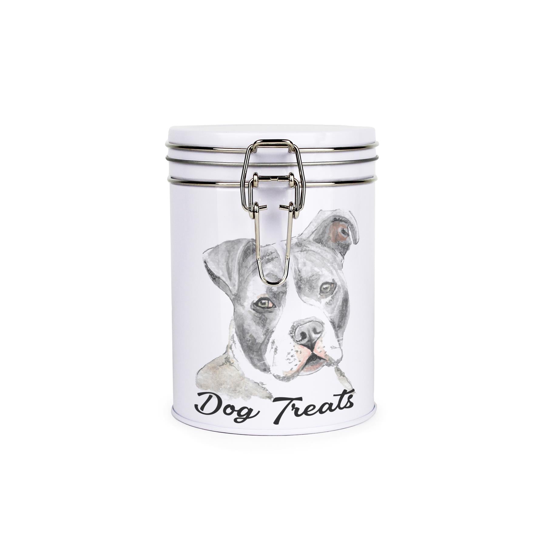 White tinplate canister with metal clip and lid featuring the face of a Staffy with the caption 'Dog Treats'