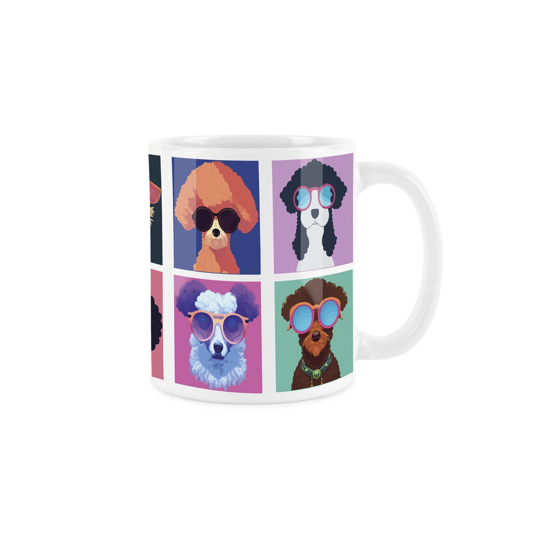 White ceramic mug with popart style depiction of colour dogs