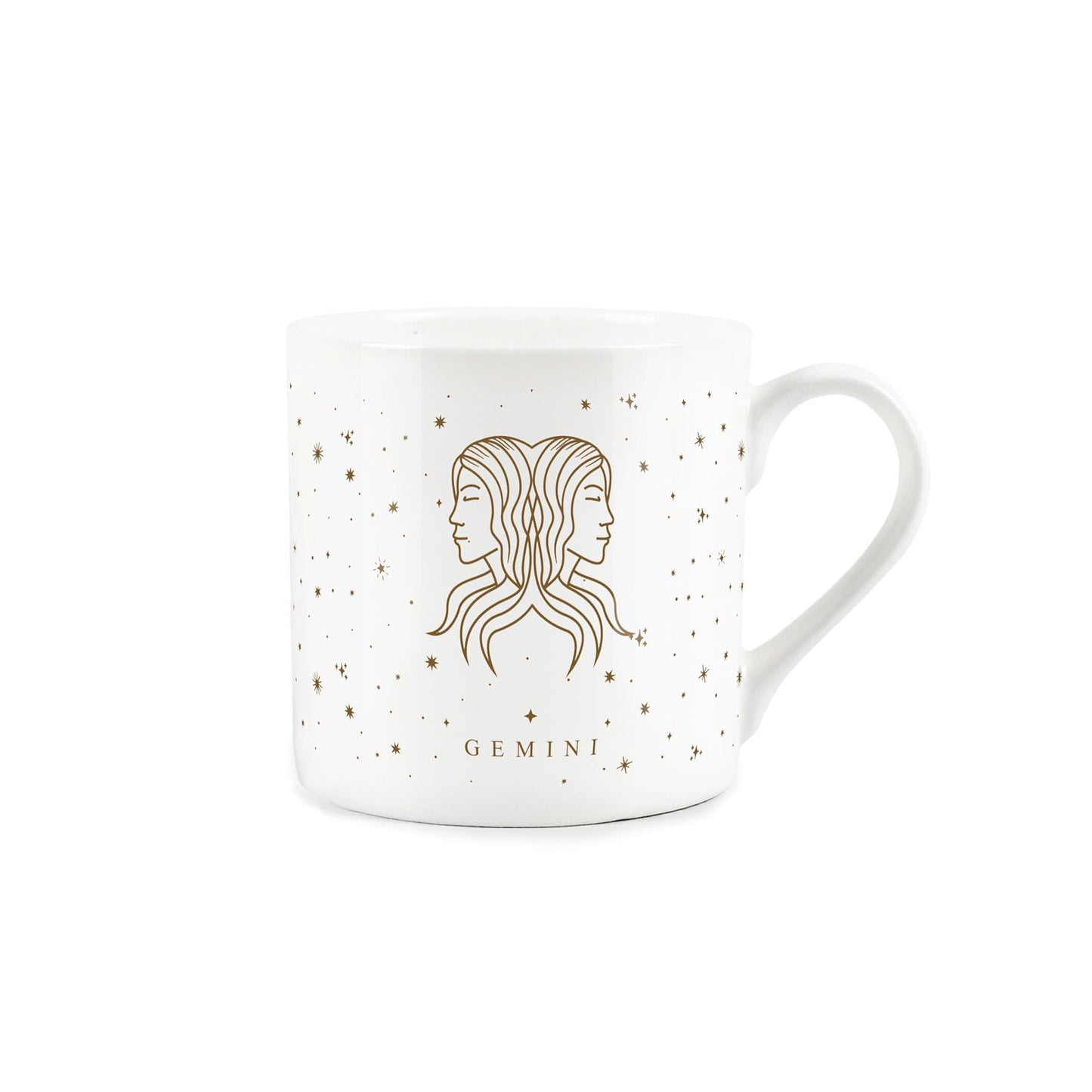 White bone china mug featuring golden stars a captivating gemini zodiac design