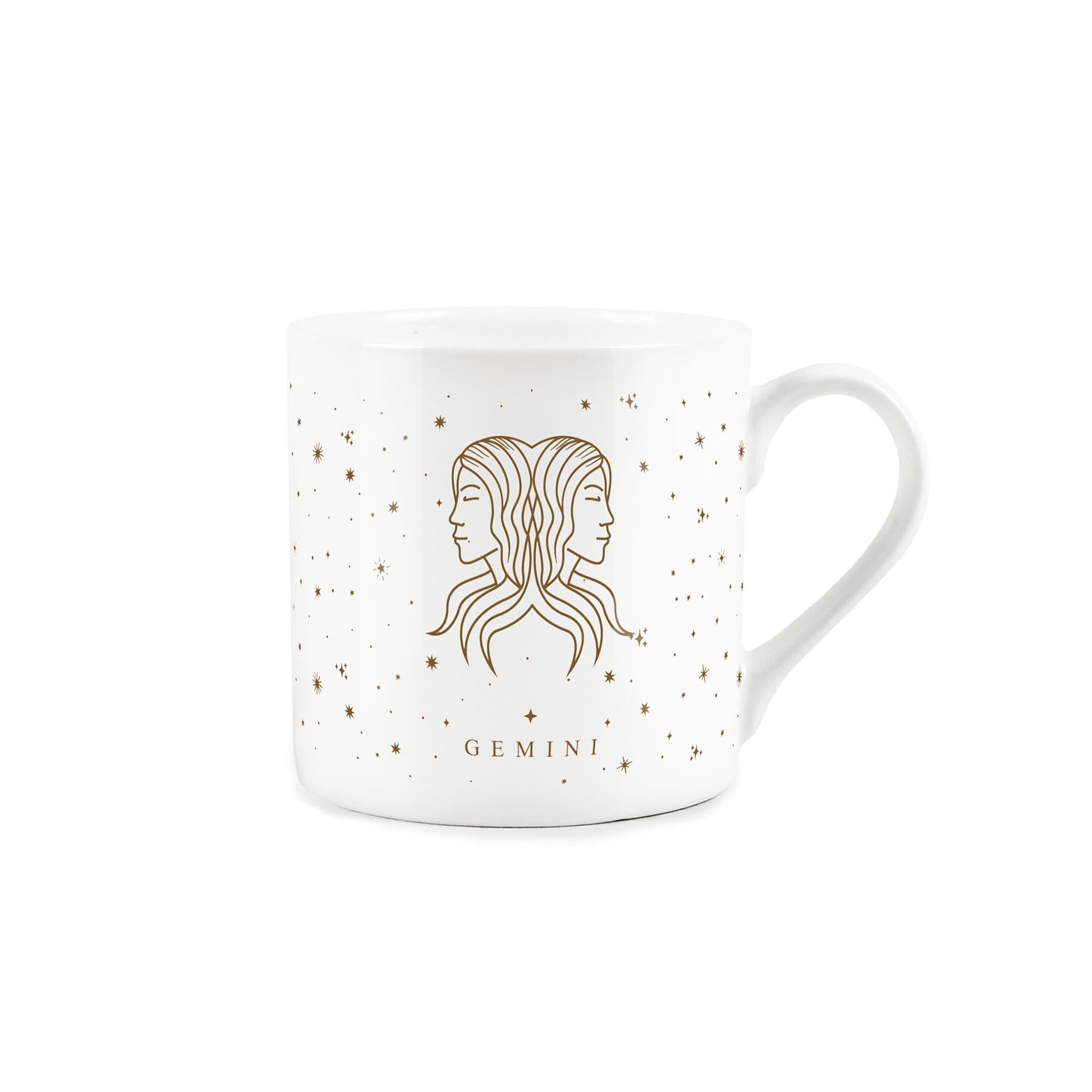 White bone china mug featuring golden stars a captivating gemini zodiac design