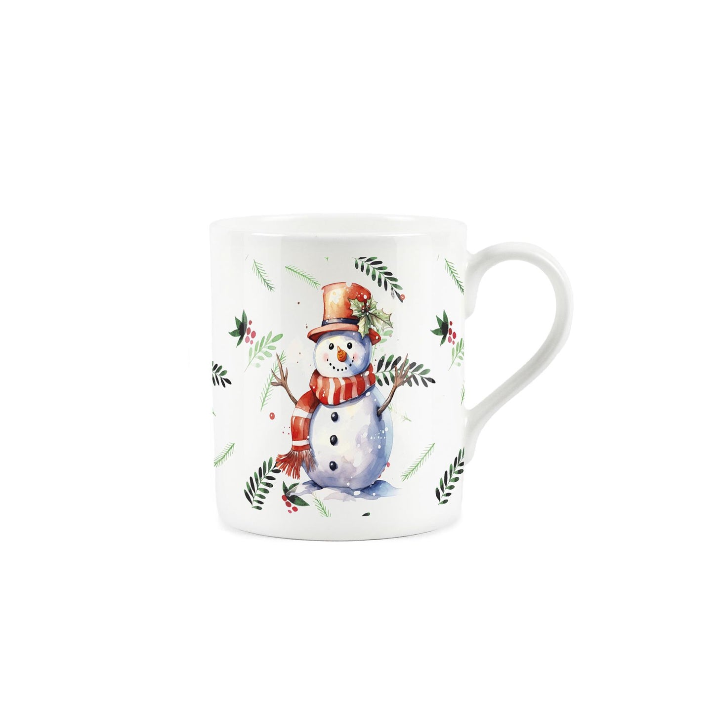 Cute cartoon depiction of a snowman surrounded by festive leaves on a white mug
