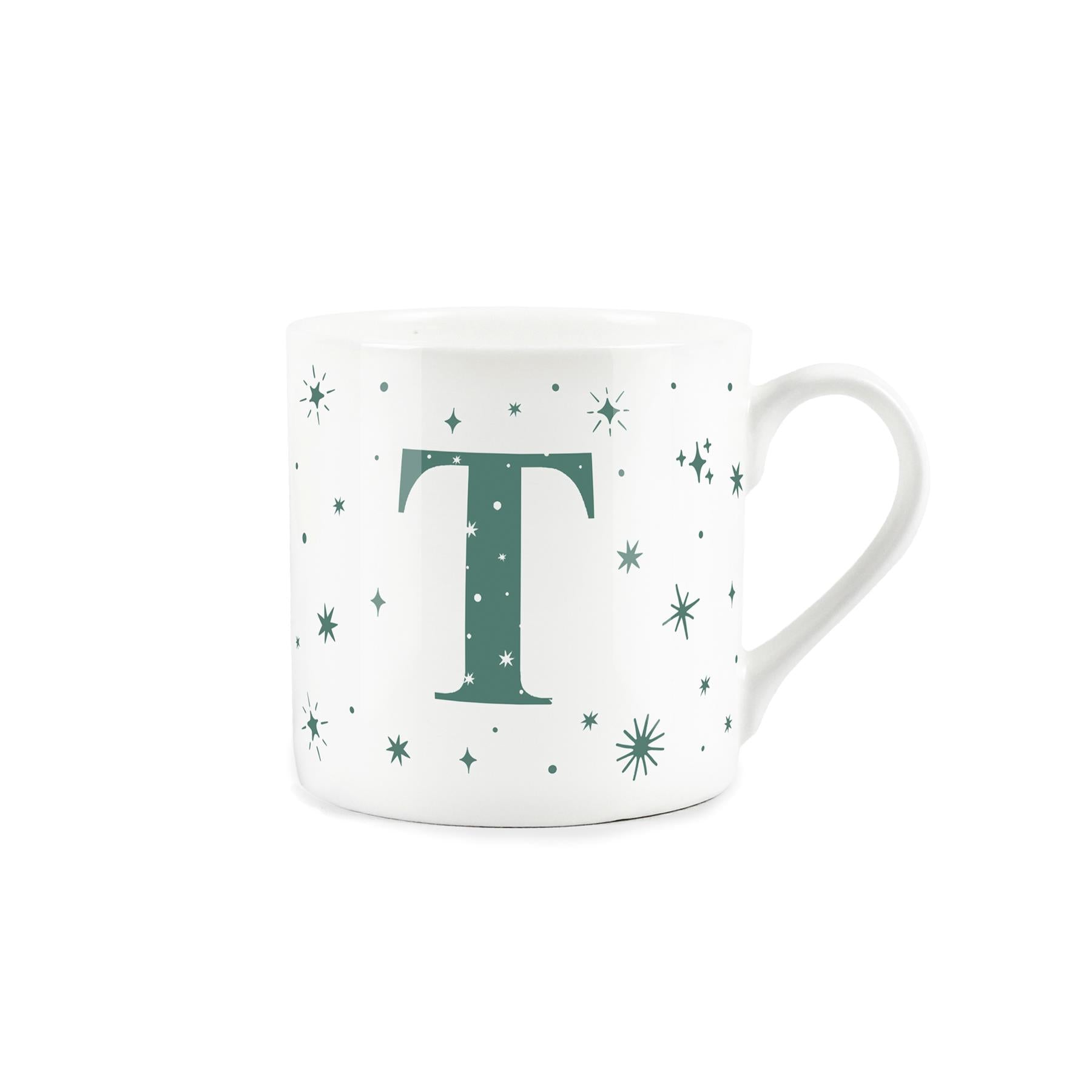 White bone china mug with green stars and letter 'T' alphabet design