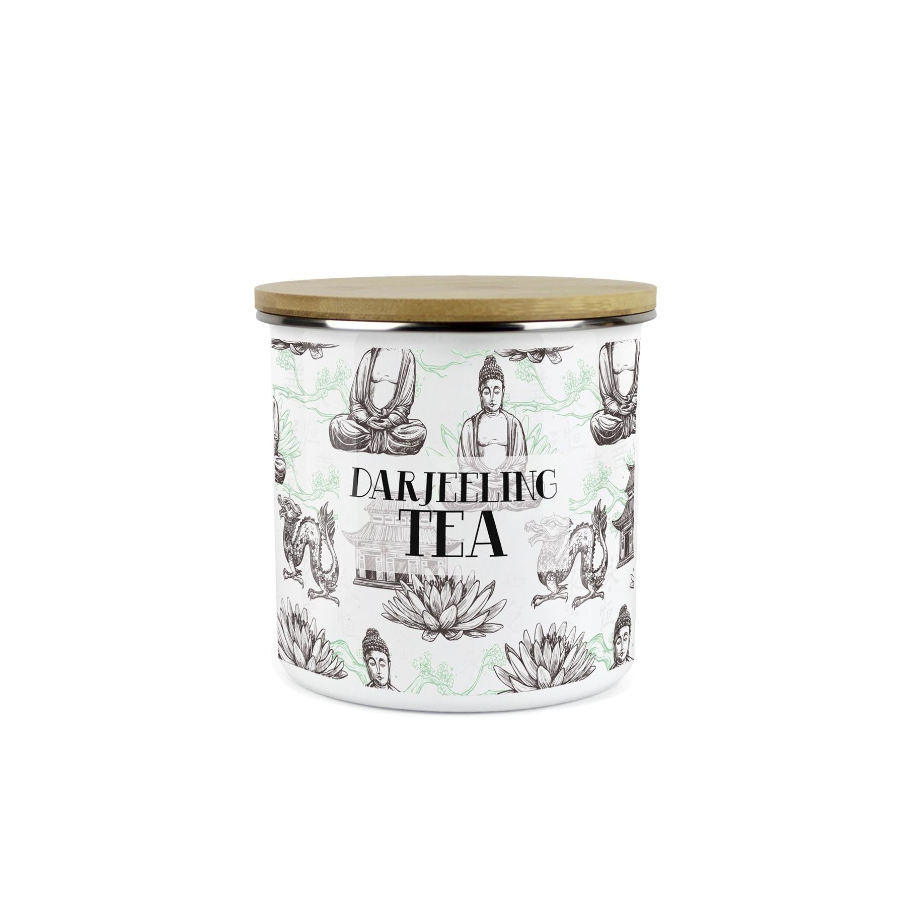 Darjeeling Tea Storage Canister - Oriental Scene Enamel Kitchen Storage Jar