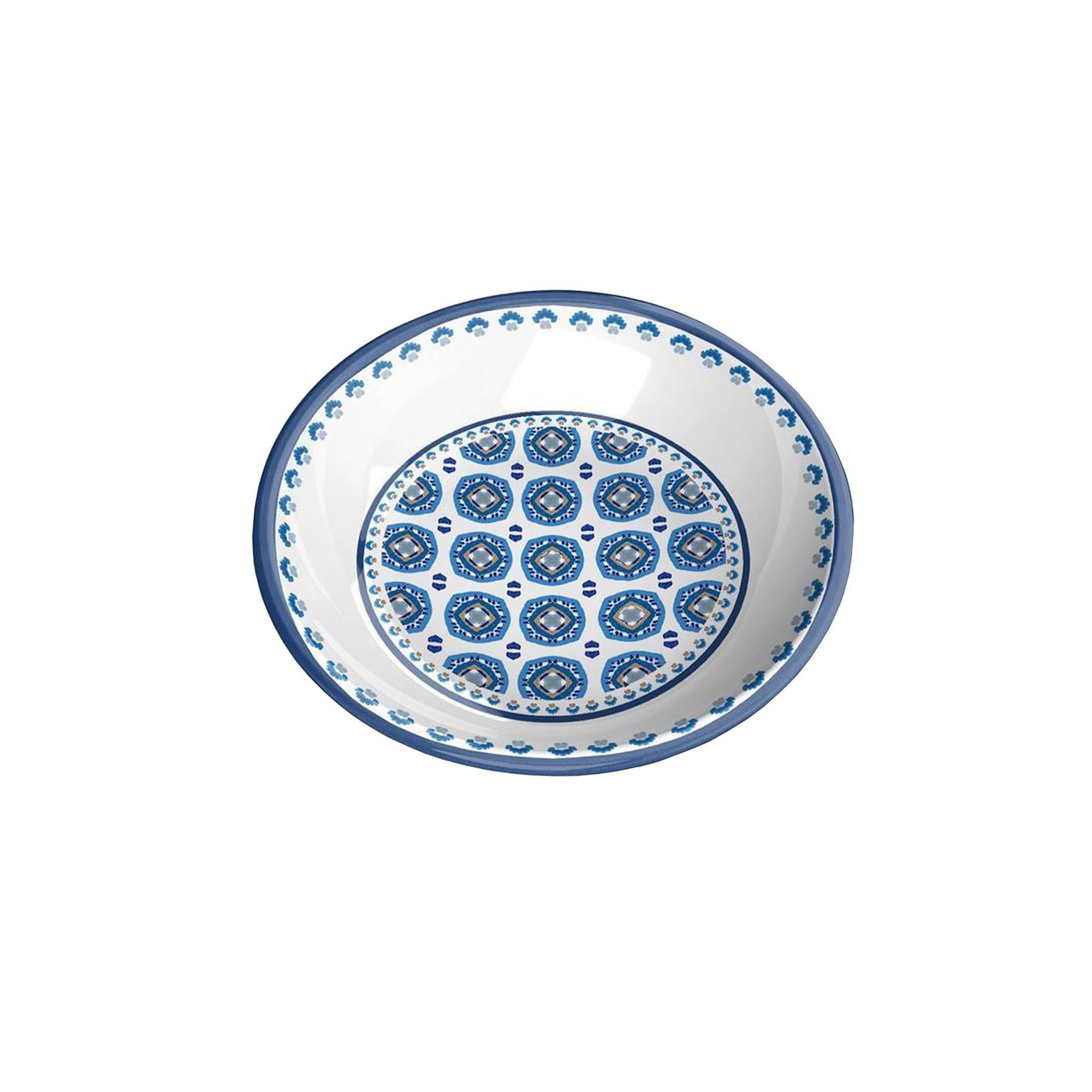 Lightweight melamine saucer with bold indigo and white print. Dishwasher safe, break resistant, with non-skid silicone base.