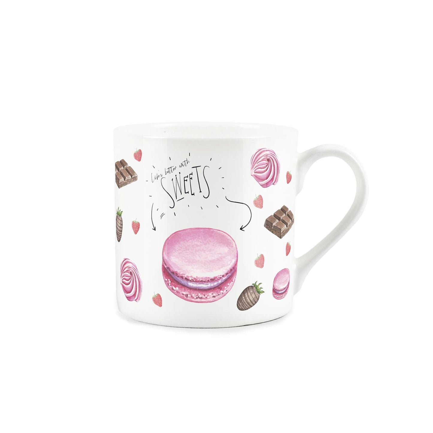 White bone china mug featuring 'Life's better with sweets' text and adorned with pink macaroons, sweets, and chocolate bars