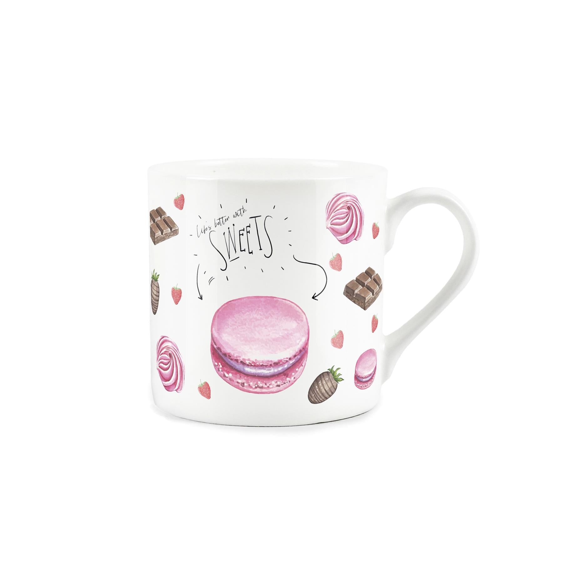 White bone china mug featuring 'Life's better with sweets' text and adorned with pink macaroons, sweets, and chocolate bars