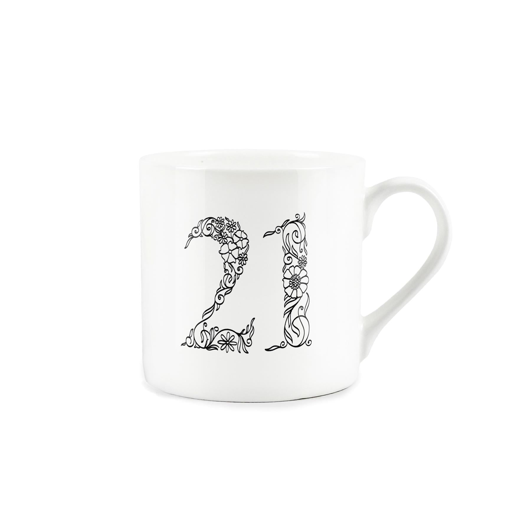 White bone china mug featuring number 21 in black floral line drawing