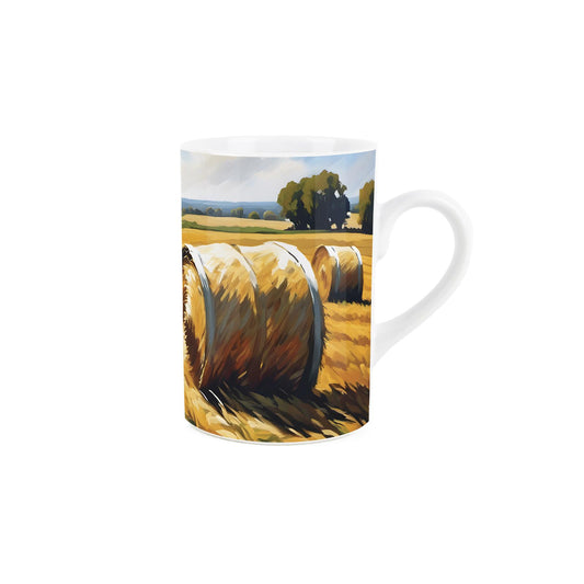 Ceramic mug with textured British scenery, depicting summer hay bales, ideal for tactile exploration.