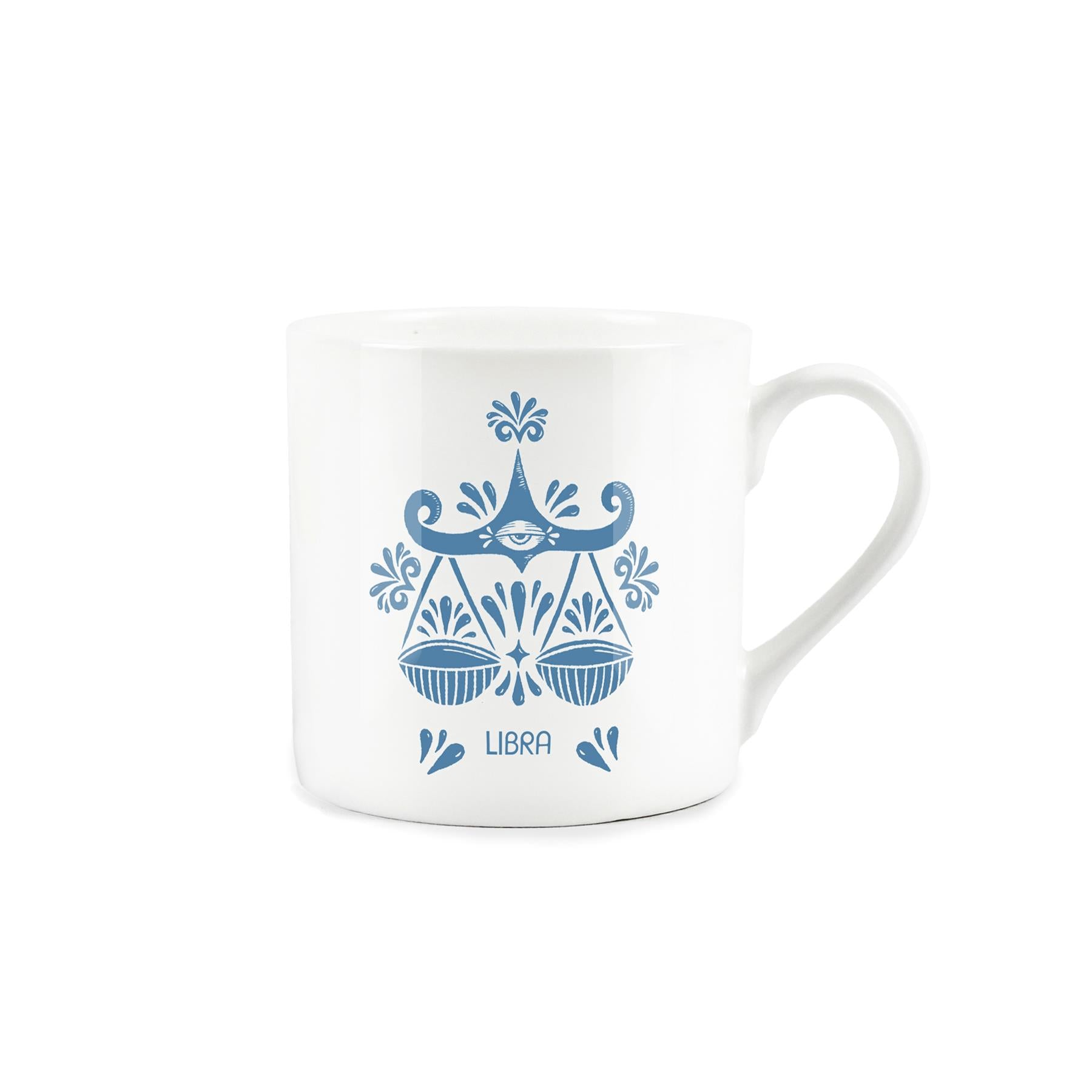 White bone china mug with colourful zodiac golden blue libra design
