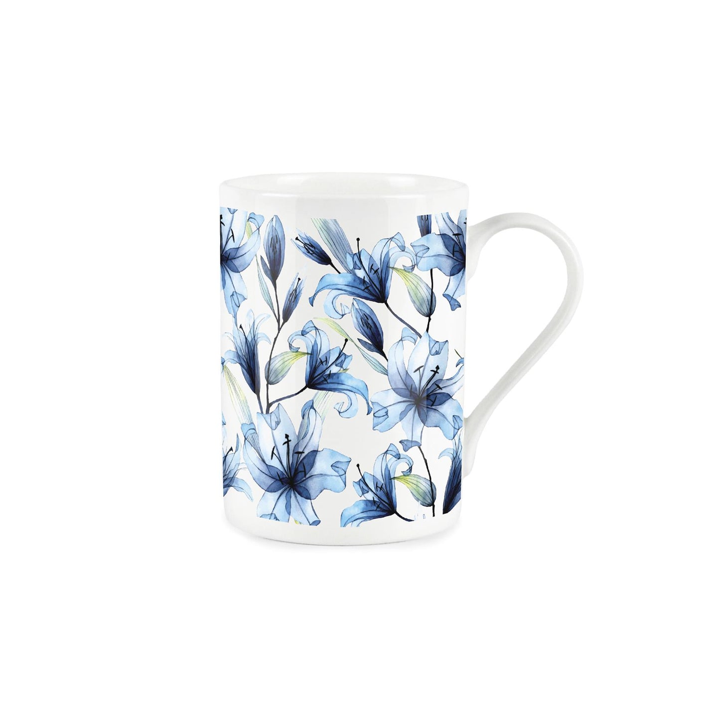 White bone china mug with delicate blue lily design