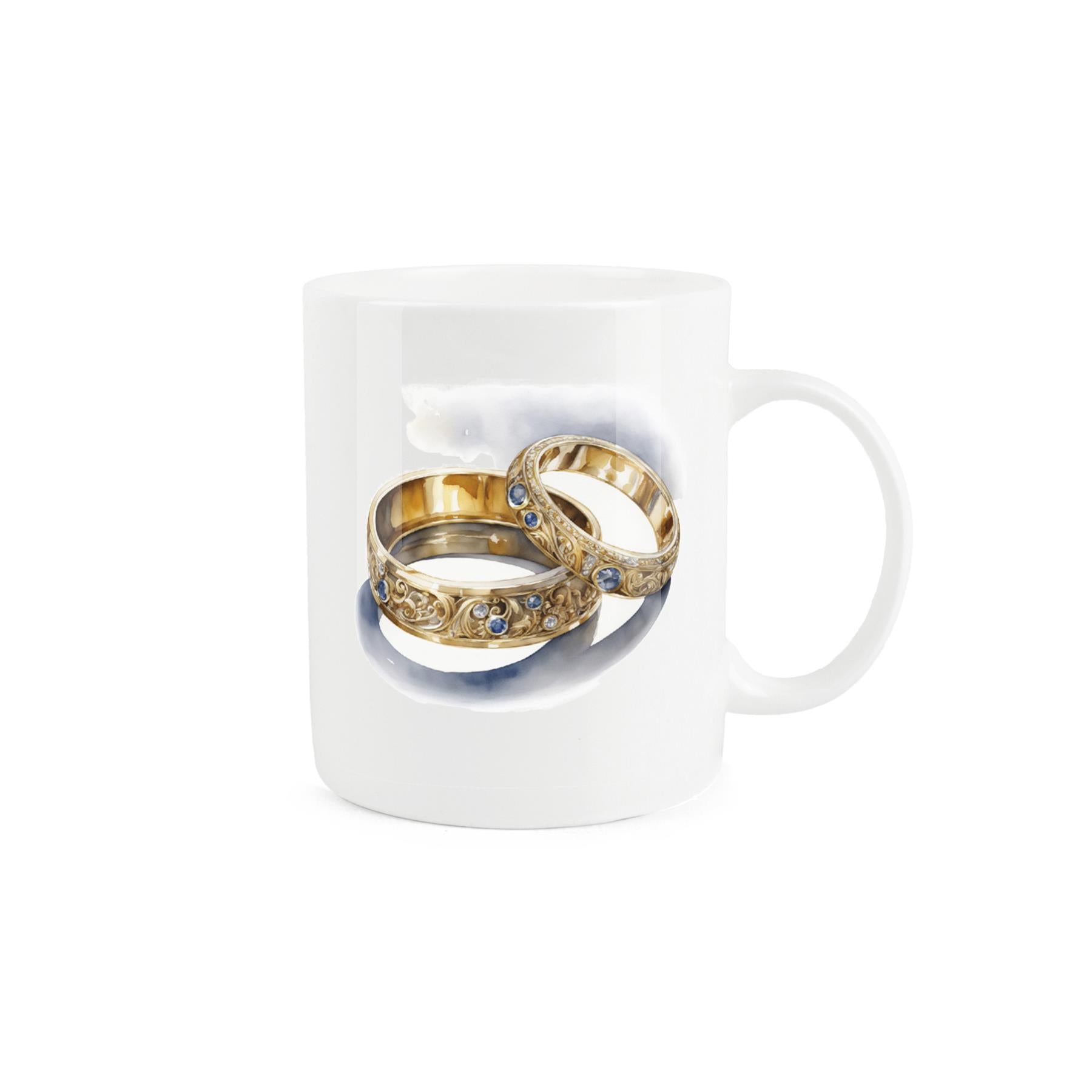 Festive bone china mug celebrating the 5th day of Christmas. Golden rings design.