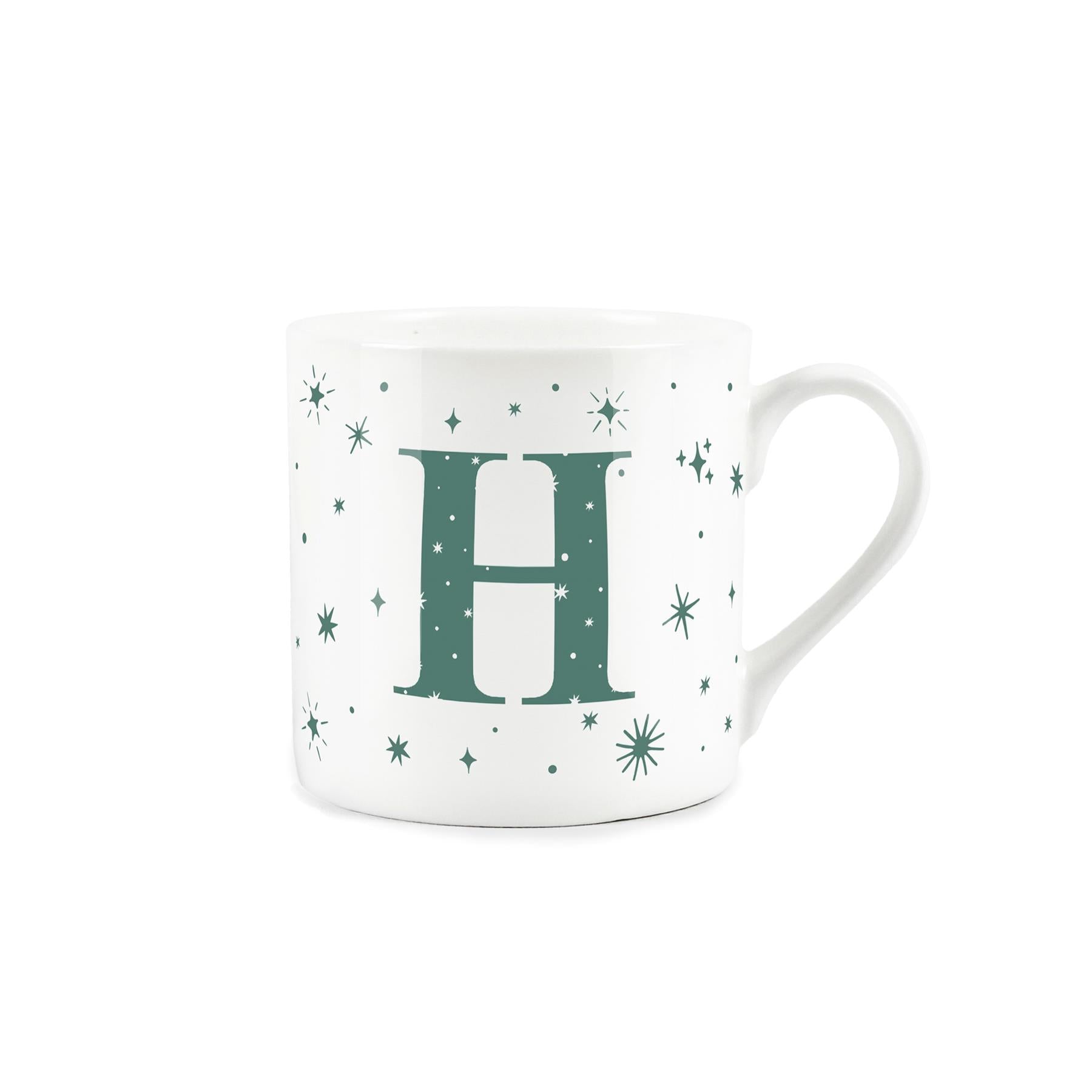 White bone china mug with green stars and letter 'H' alphabet design