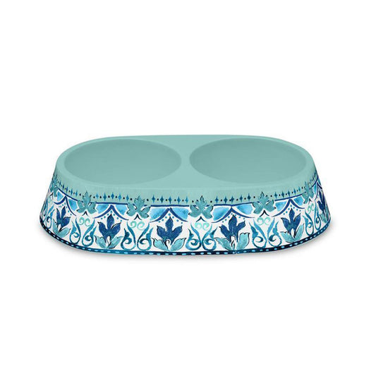 This bowl Features blue and teal hues, with a  floral and swirl design