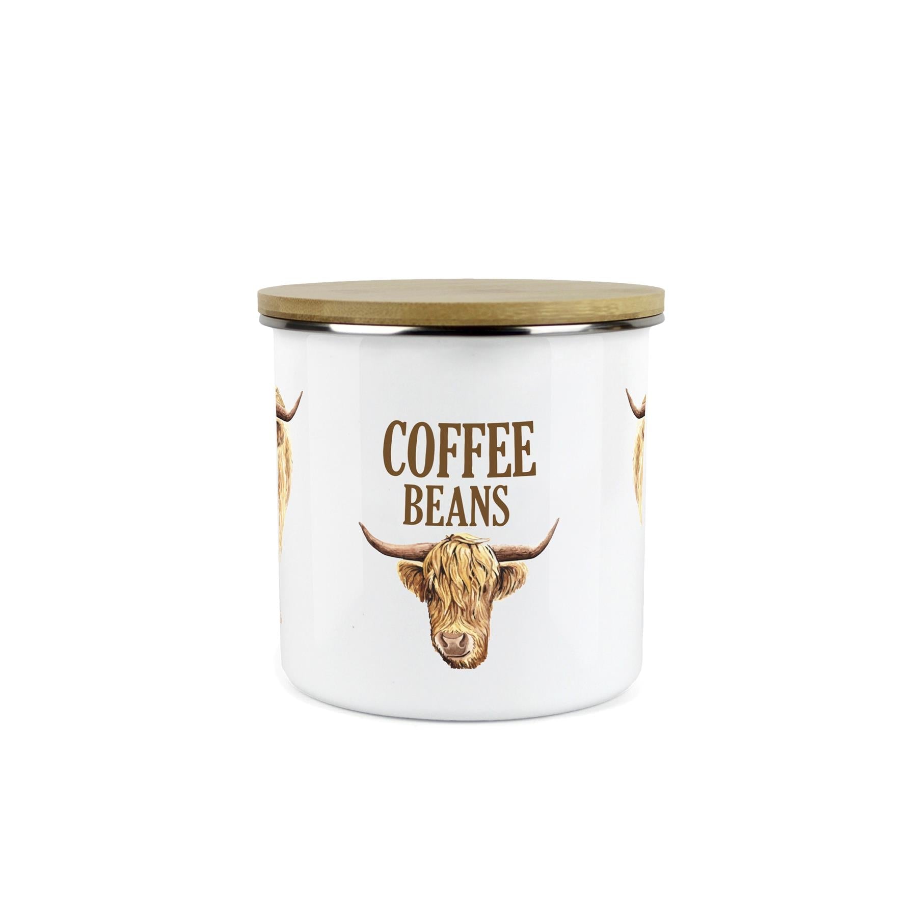 Coffee Beans Highland Cow Storage Canister - Enamel & Bamboo Kitchen Storage Jar