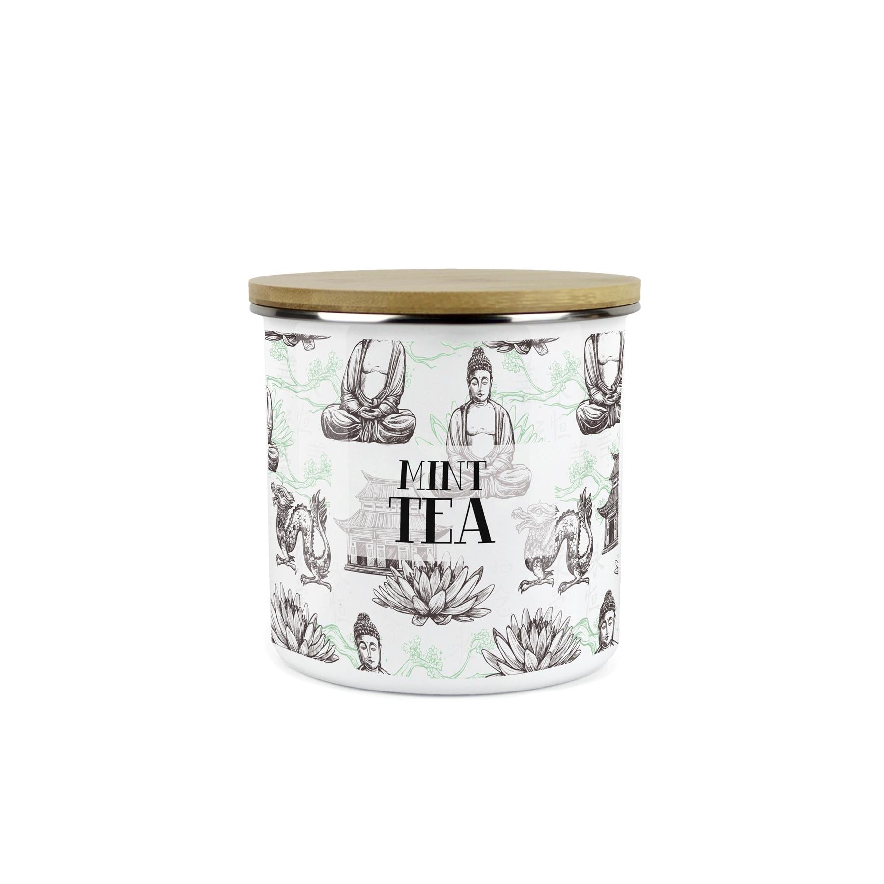 Mint Tea Storage Canister - Oriental Scene Enamel Kitchen Storage Jar