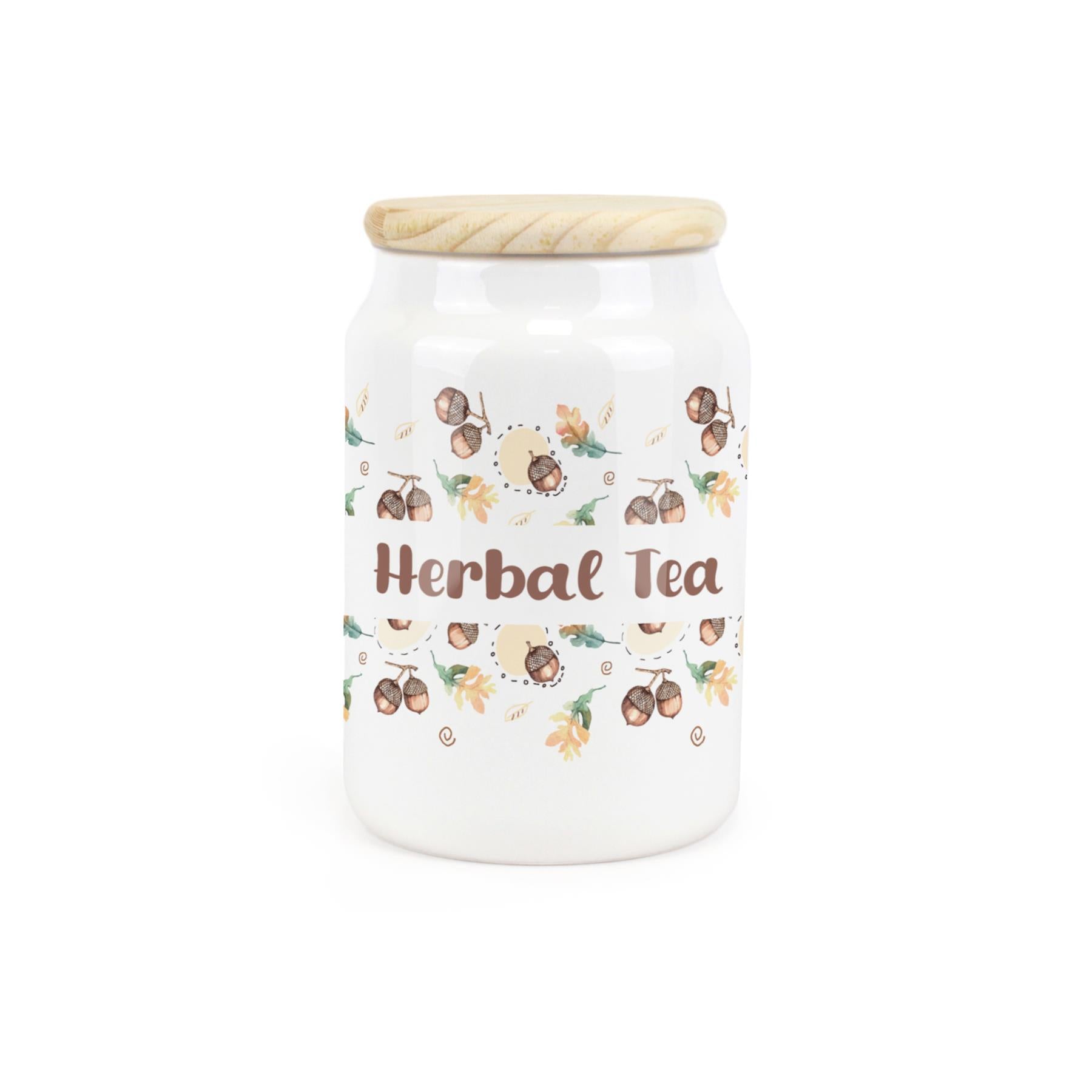 White ceramic canister with a retro 1950s print featuring a herbal tea design.