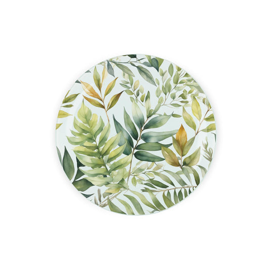 Enhance your kitchen decor with this round glass trivet/pot stand adorned with an elegant green leaf pattern.