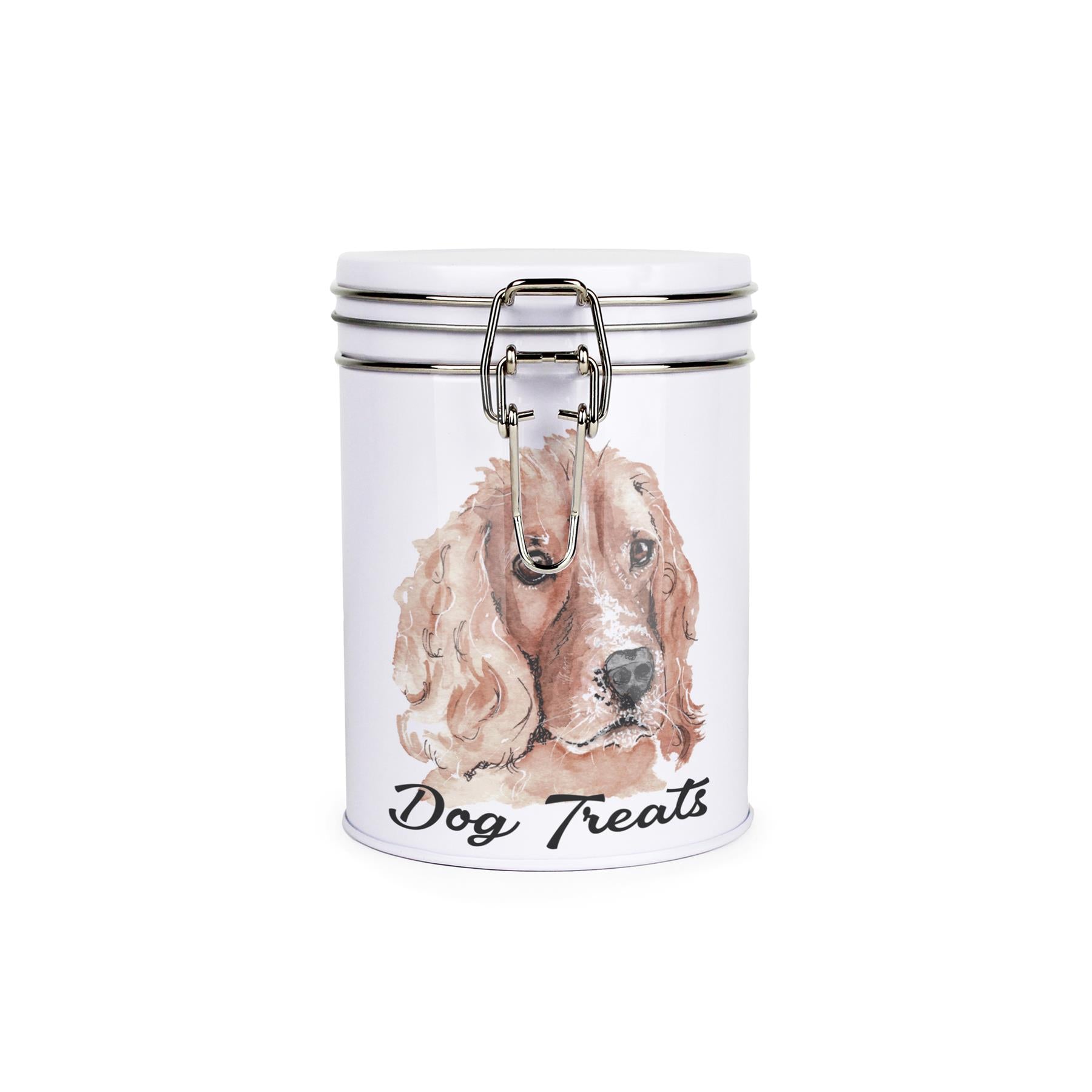 White tinplate canister with metal clip and lid featuring the face of a Cocker Spaniel with the caption 'Dog Treats'