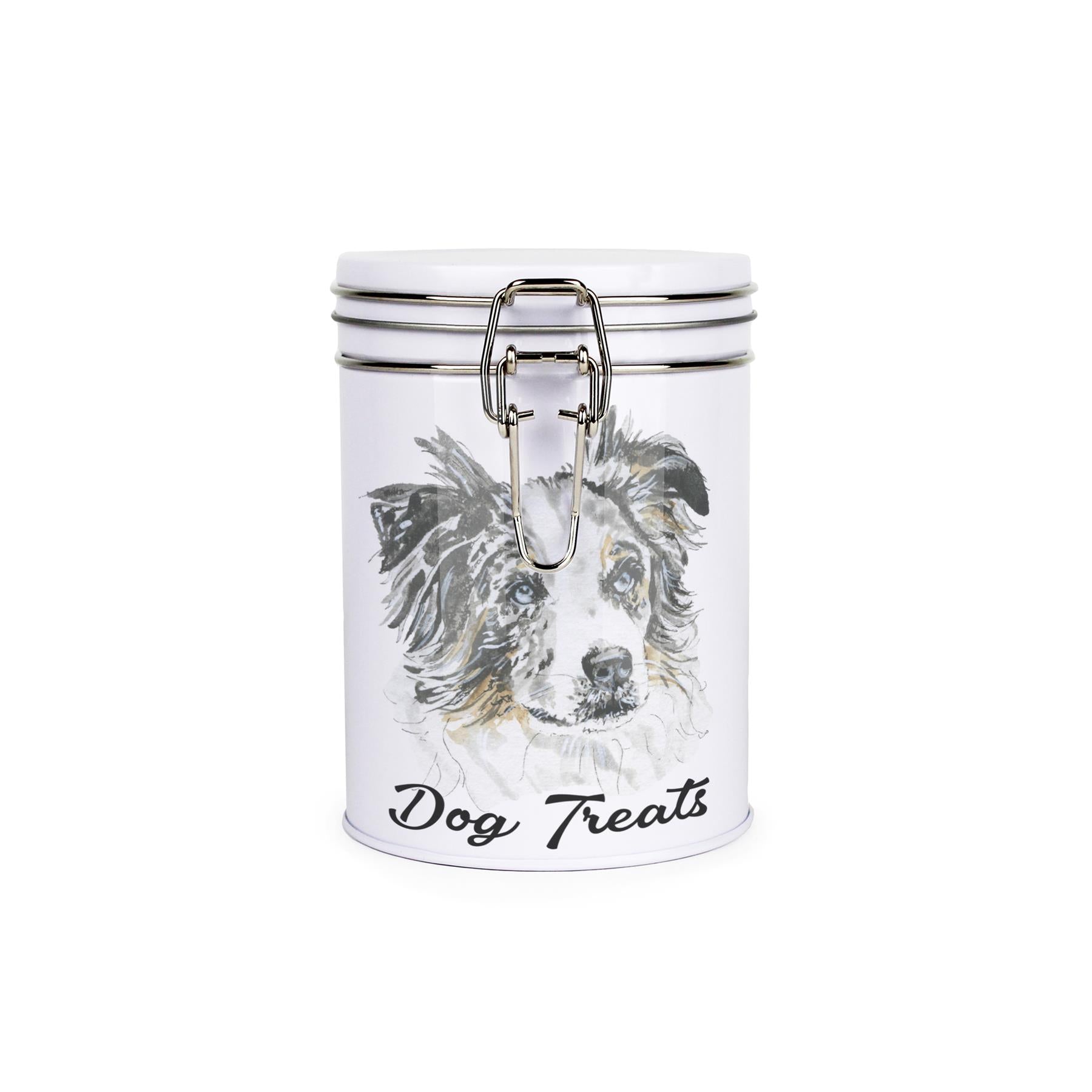 White tinplate canister with metal clip and lid featuring the face of an Australian Shepherd with the caption 'Dog Treats'