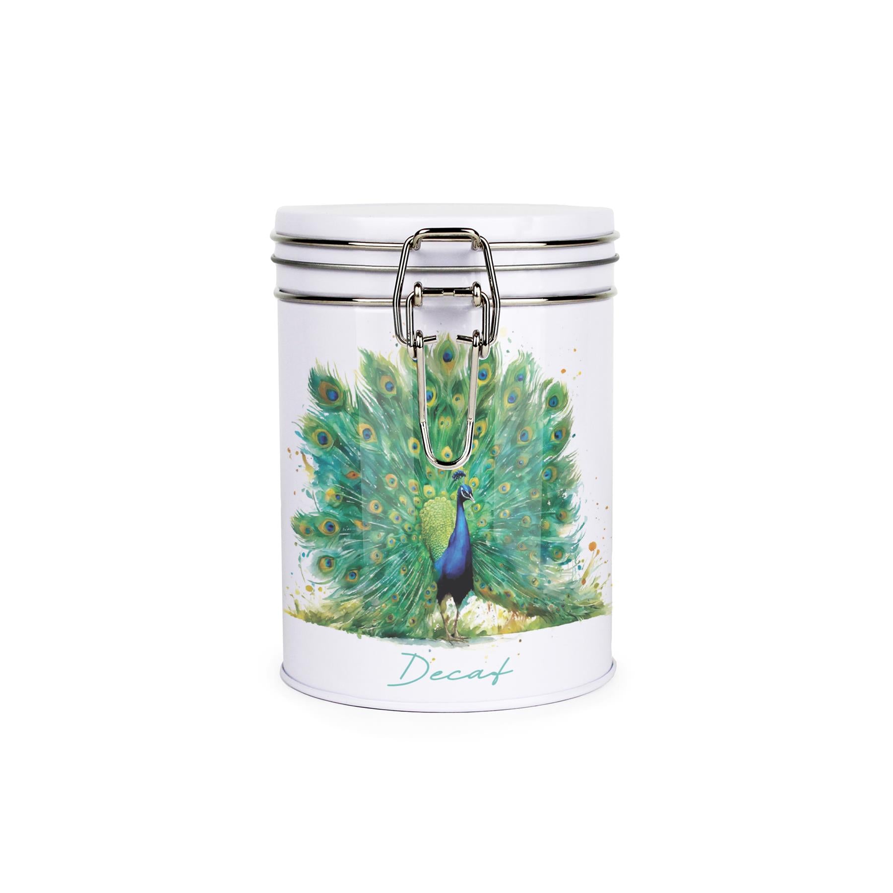 Tin metal storage canister with metal clip and lid featuring a vibrant peacock spreading its feathers and decaf text