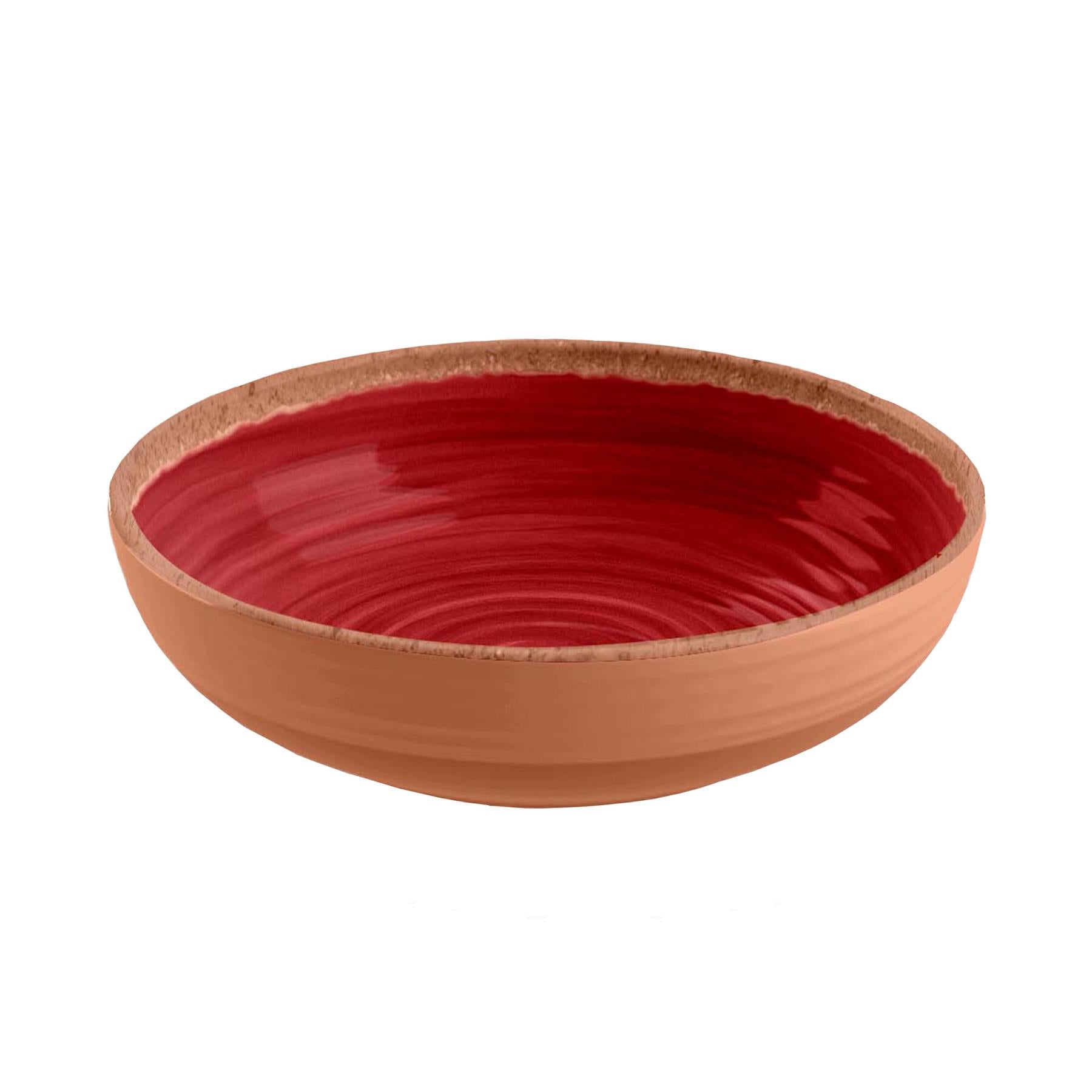 Melamine Low Bowl featuring vibrant red swirl design and terracotta exterior and rim