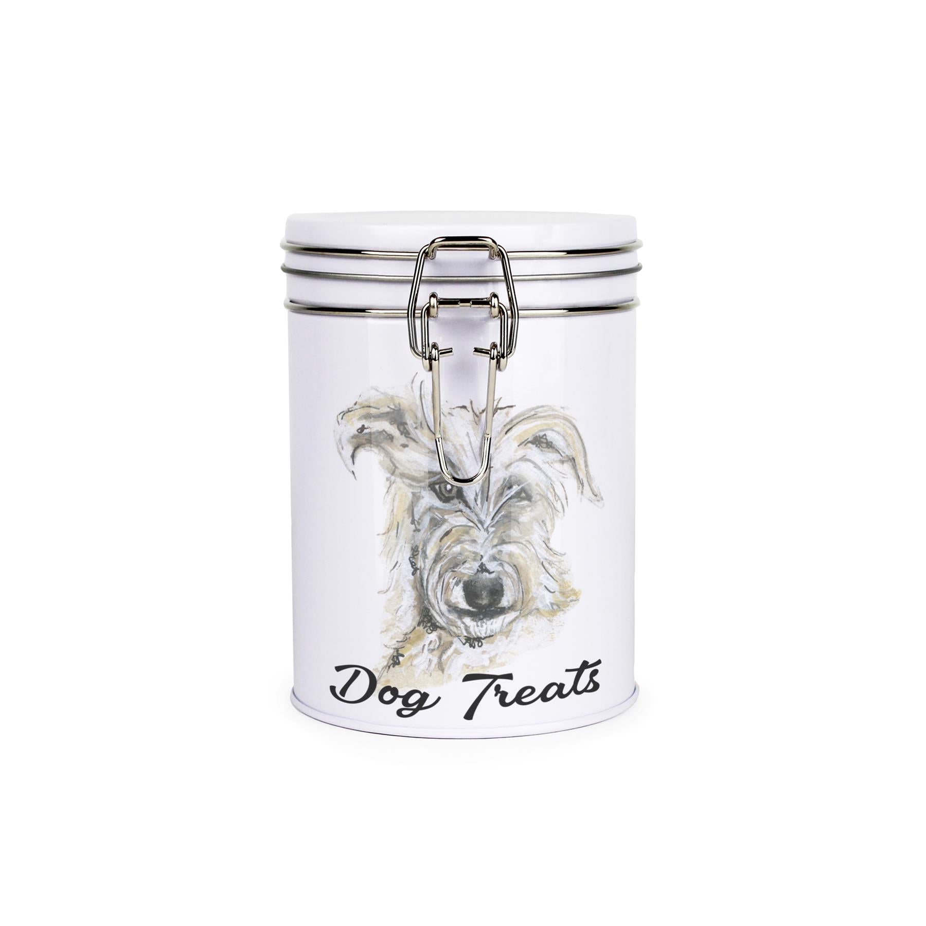 White tinplate canister with metal clip and lid featuring the face of a Lurcher with the caption 'Dog Treats'