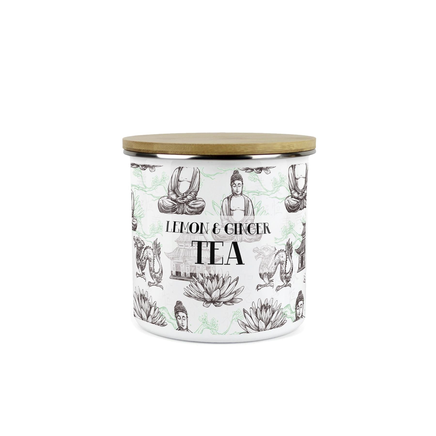 Lemon & Ginger Tea Storage Canister - Oriental Scene Enamel Kitchen Storage Jar