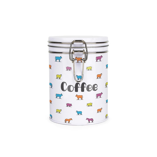 White tinplate canister with metal clip and lid featuring a colourful farm animal design and coffee text