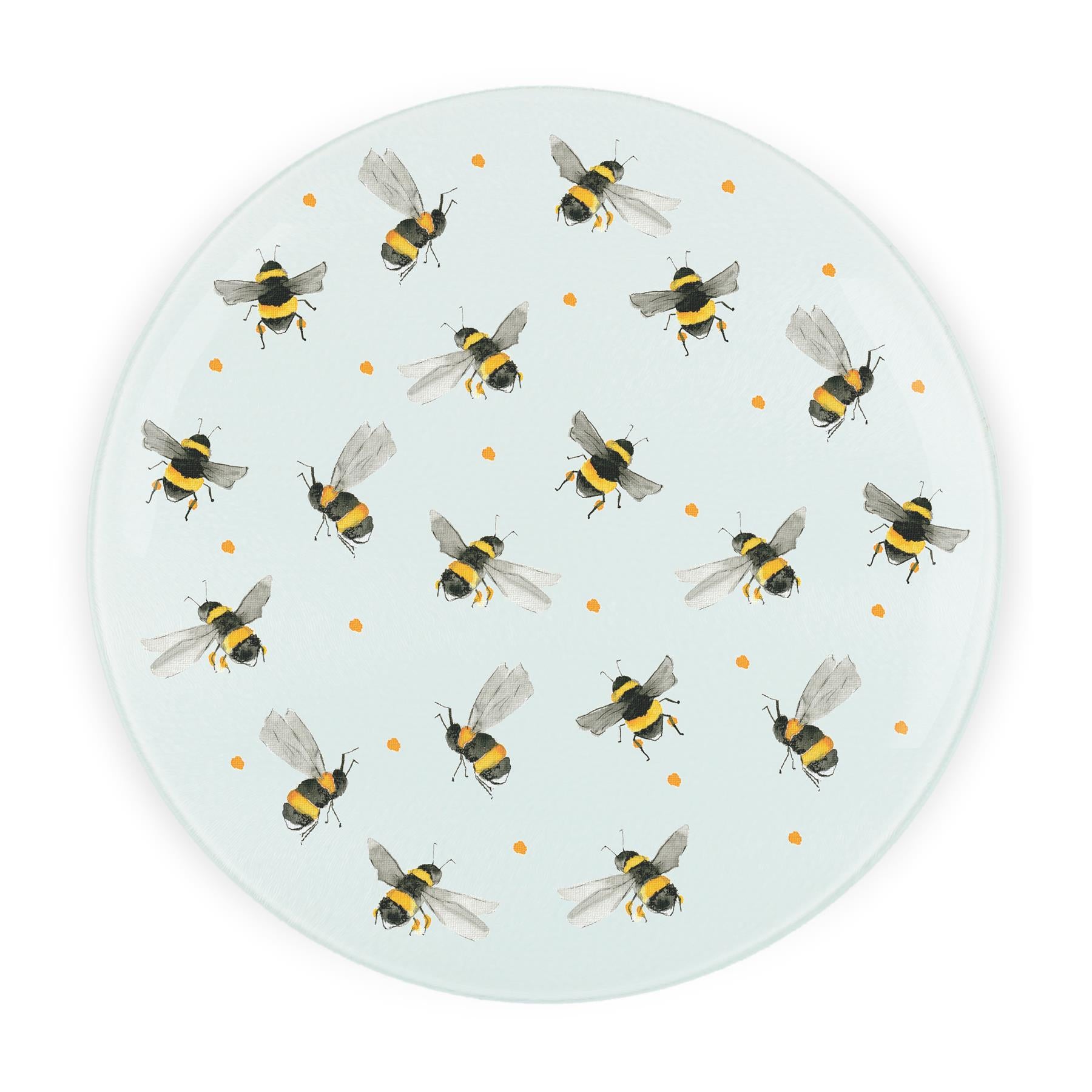 Round glass worktop protector with painted flying bee print
