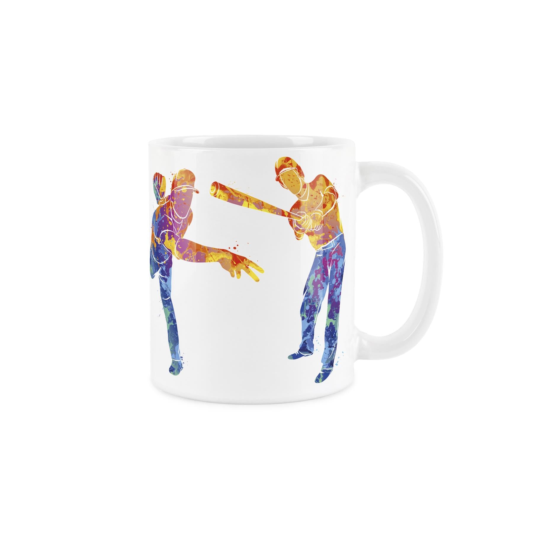 White ceramic mug featuring vibrant, paint-splattered depiction of people skiing