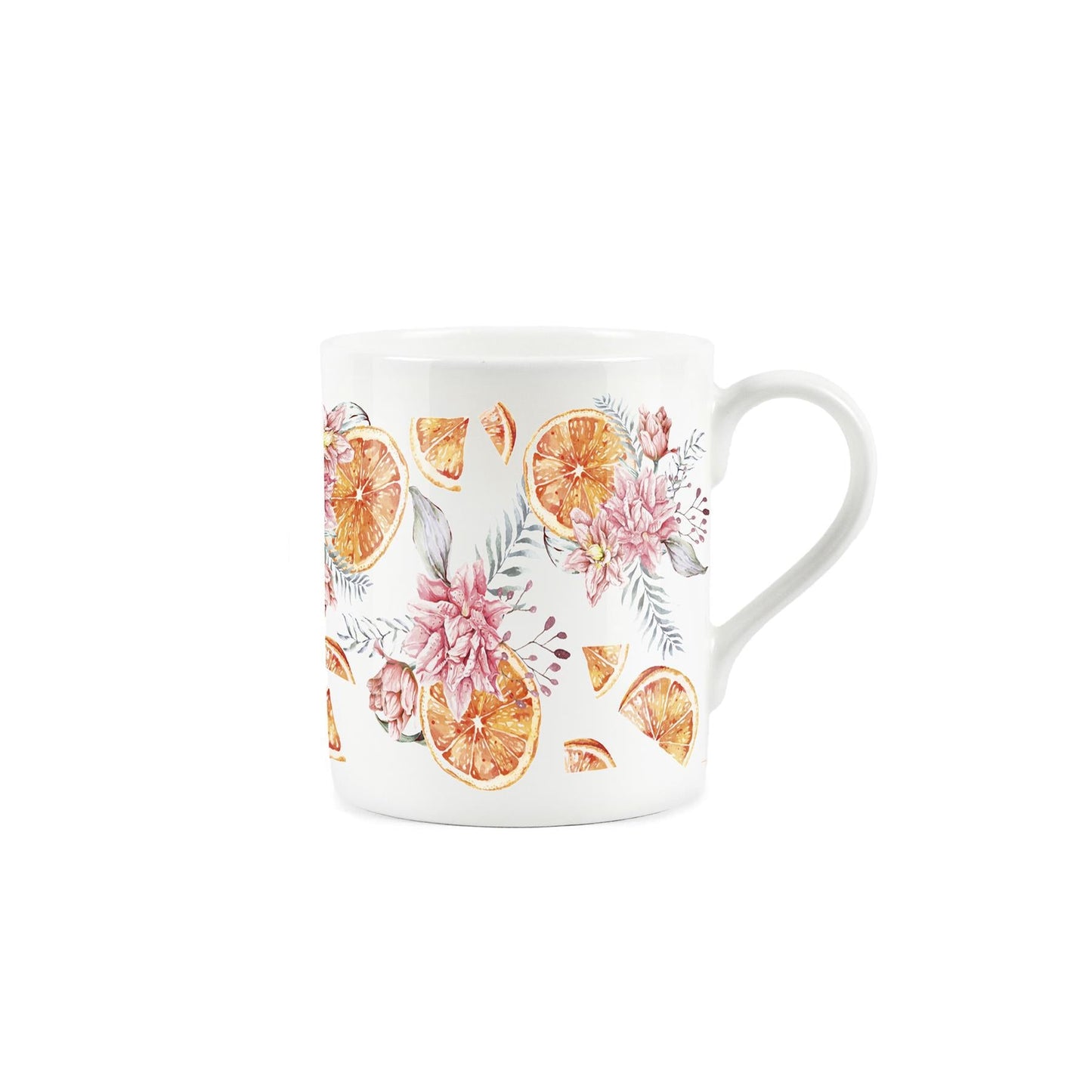Watercolour artwork of tangerines and flowers on white bone china mug