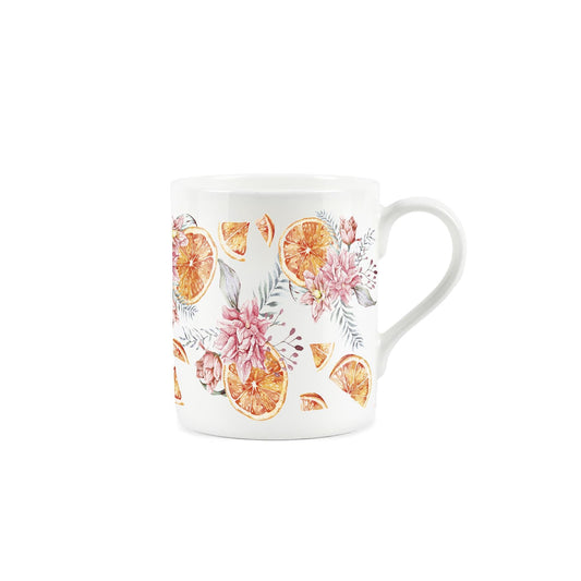 Watercolour artwork of tangerines and flowers on white bone china mug