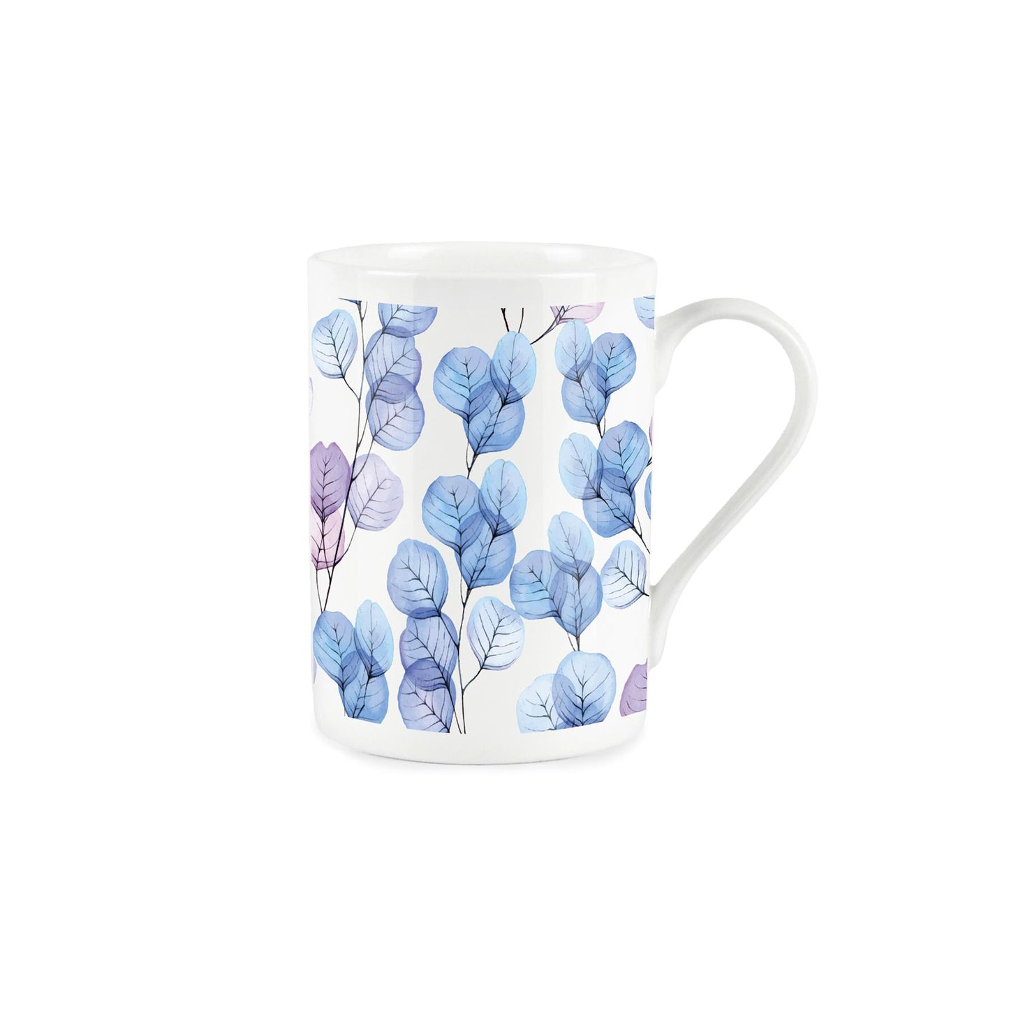 White bone china mug with delicate blue cosmos design