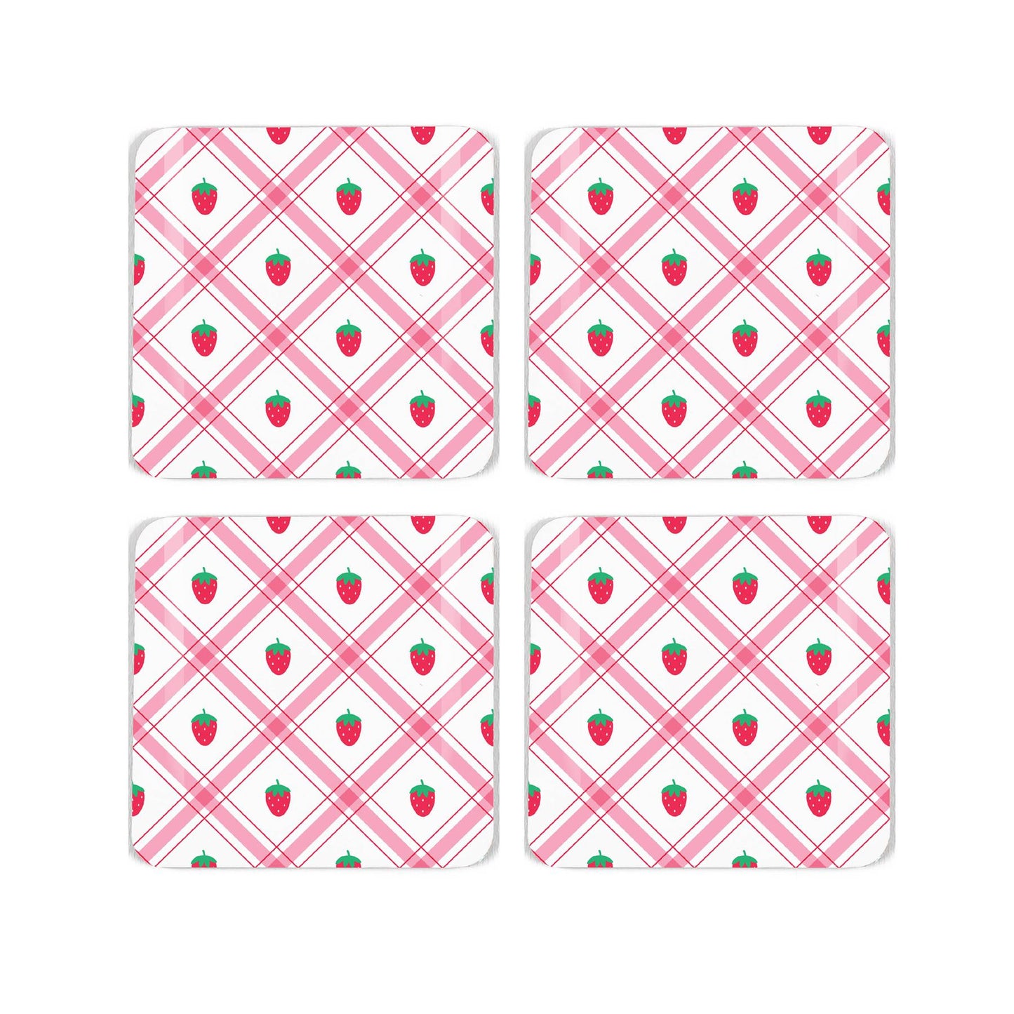Four square cork coaster with a pretty gingham and strawberry repeating design on a white background