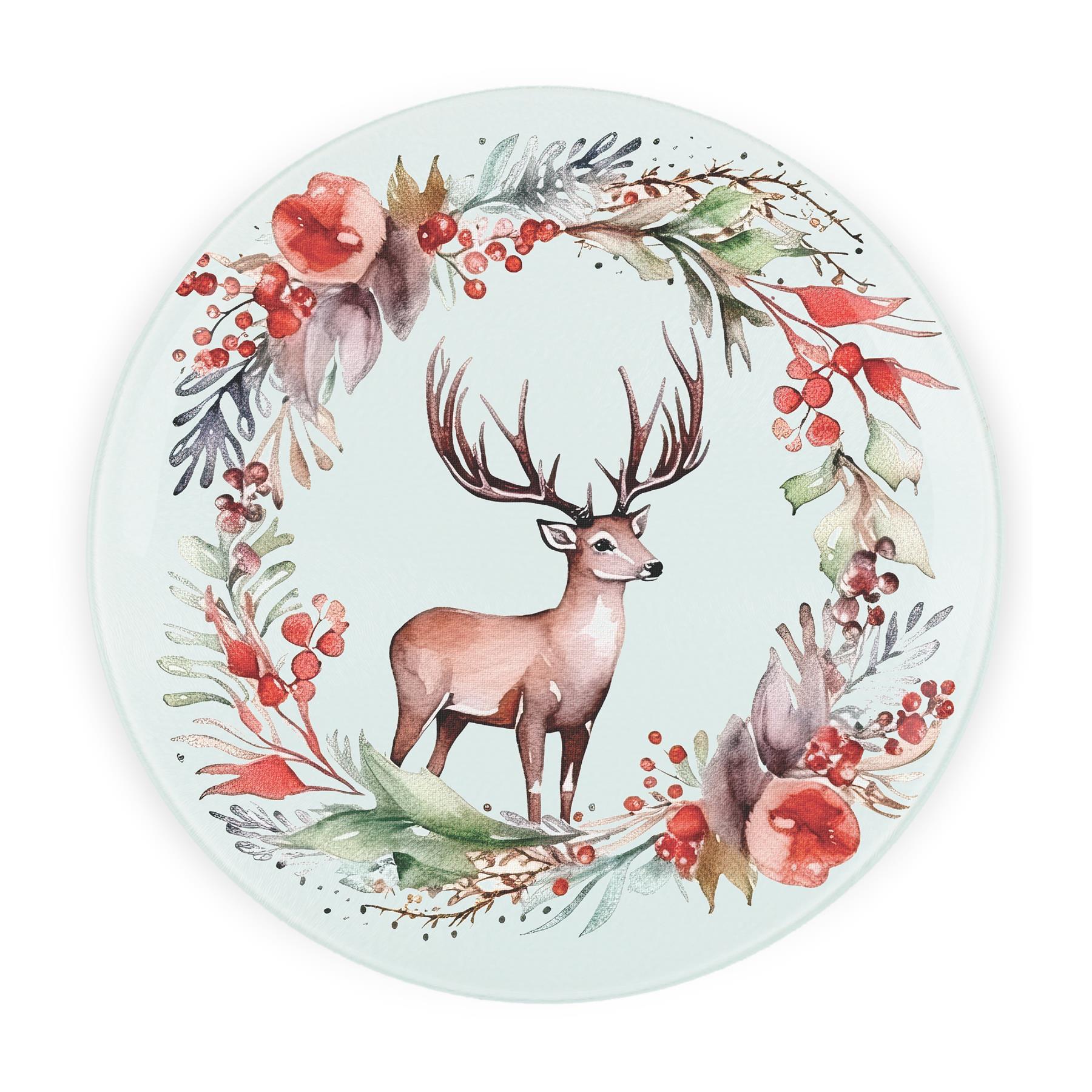 Round glass worktop protector with festive deer and wreath design