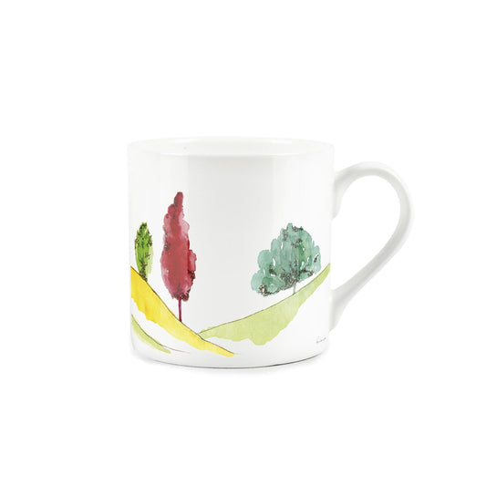 White bone china mug with watercolour artwork featuring english landscape conifer design