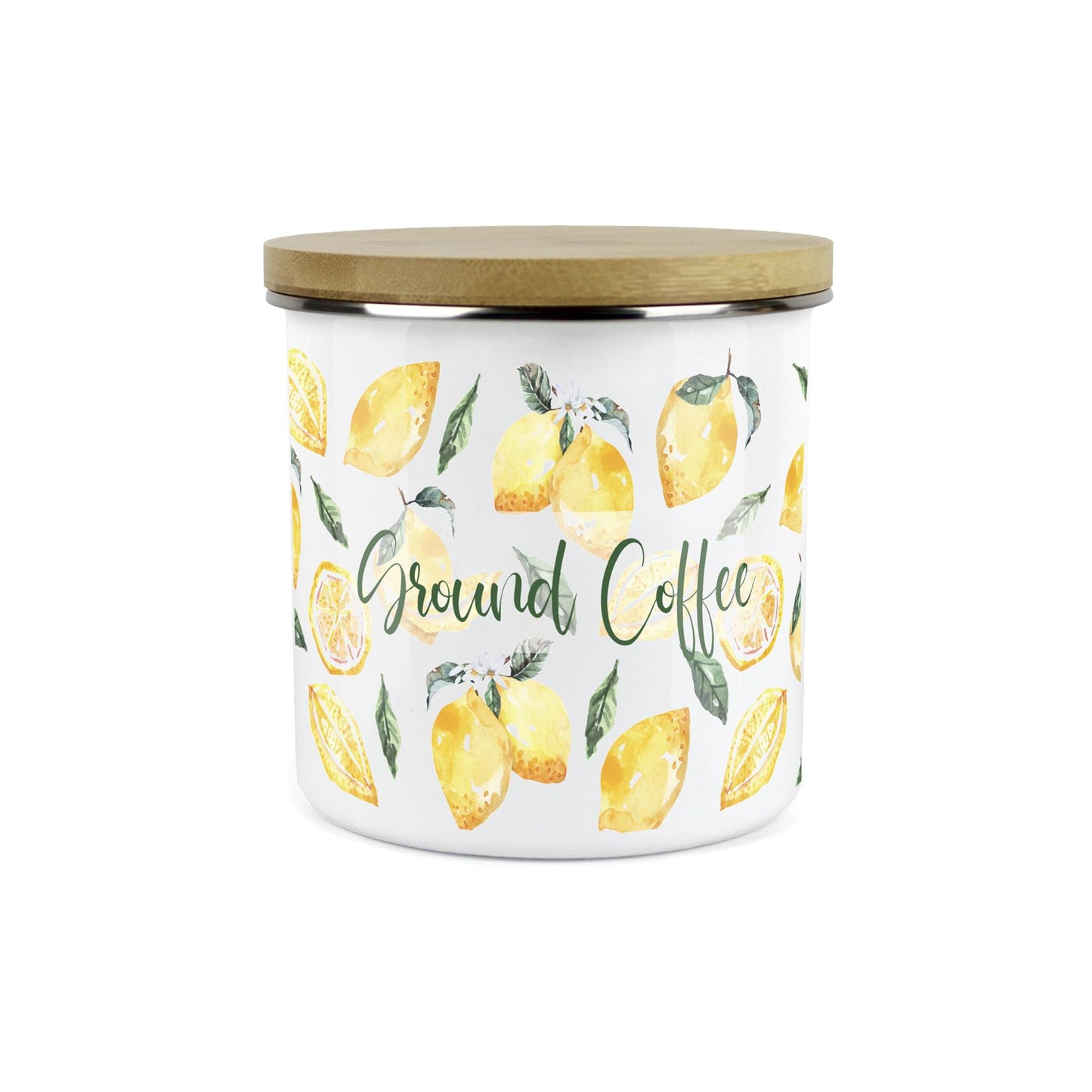 Ground Coffee Storage Canister - Watercolour Lemons Enamel Kitchen Storage Jar