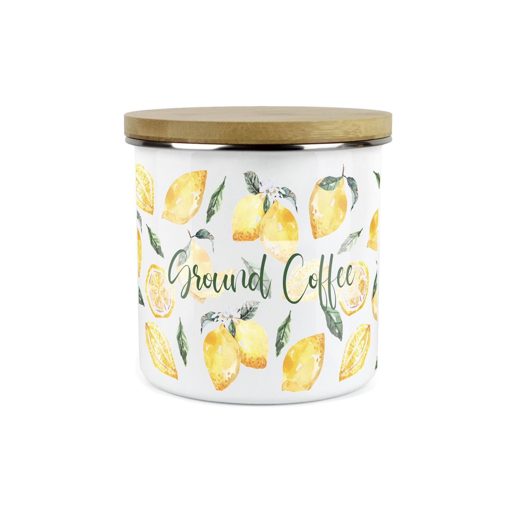 Ground Coffee Storage Canister - Watercolour Lemons Enamel Kitchen Storage Jar