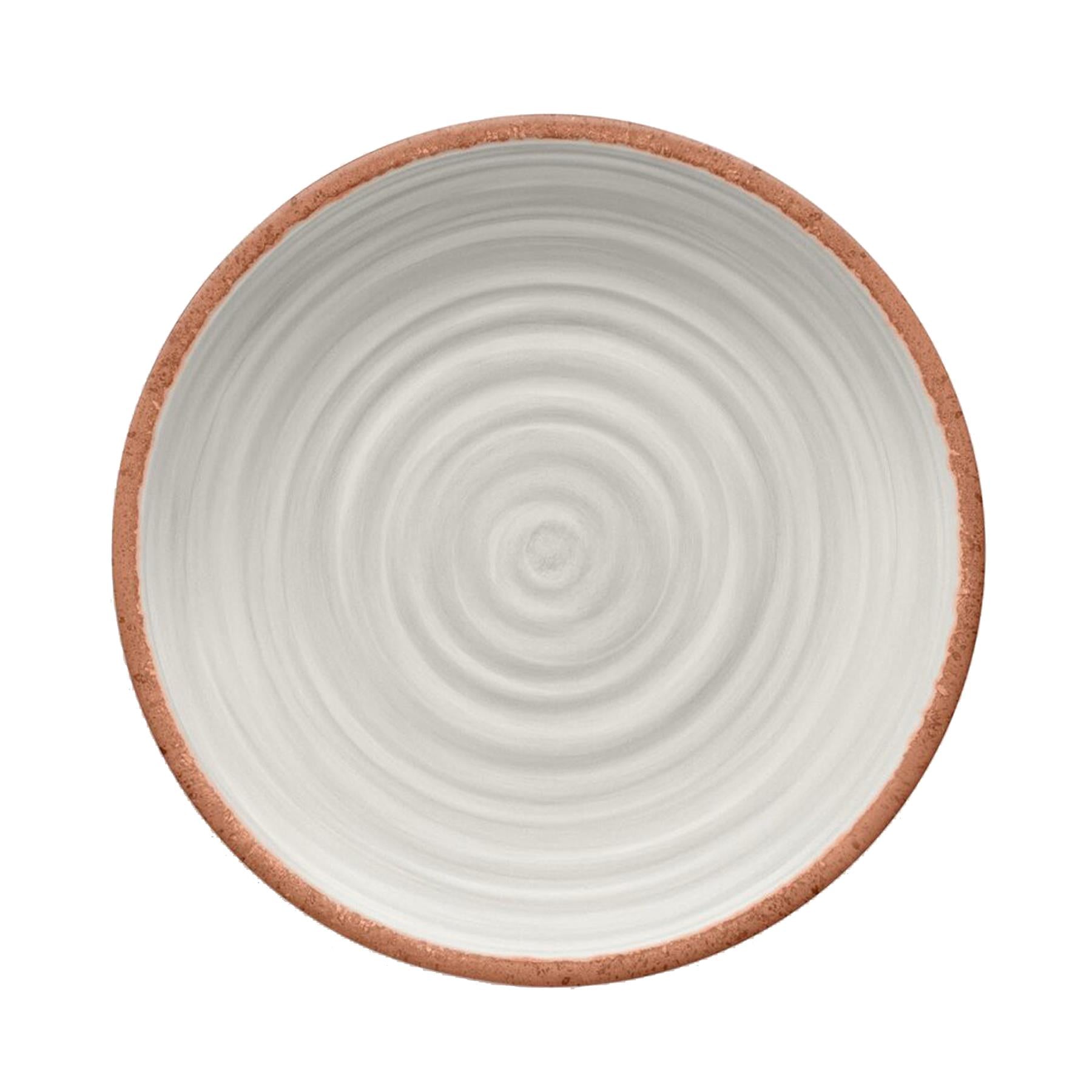 Melamine dinner plate featuring vibrant Ivory swirl design and terracotta rim