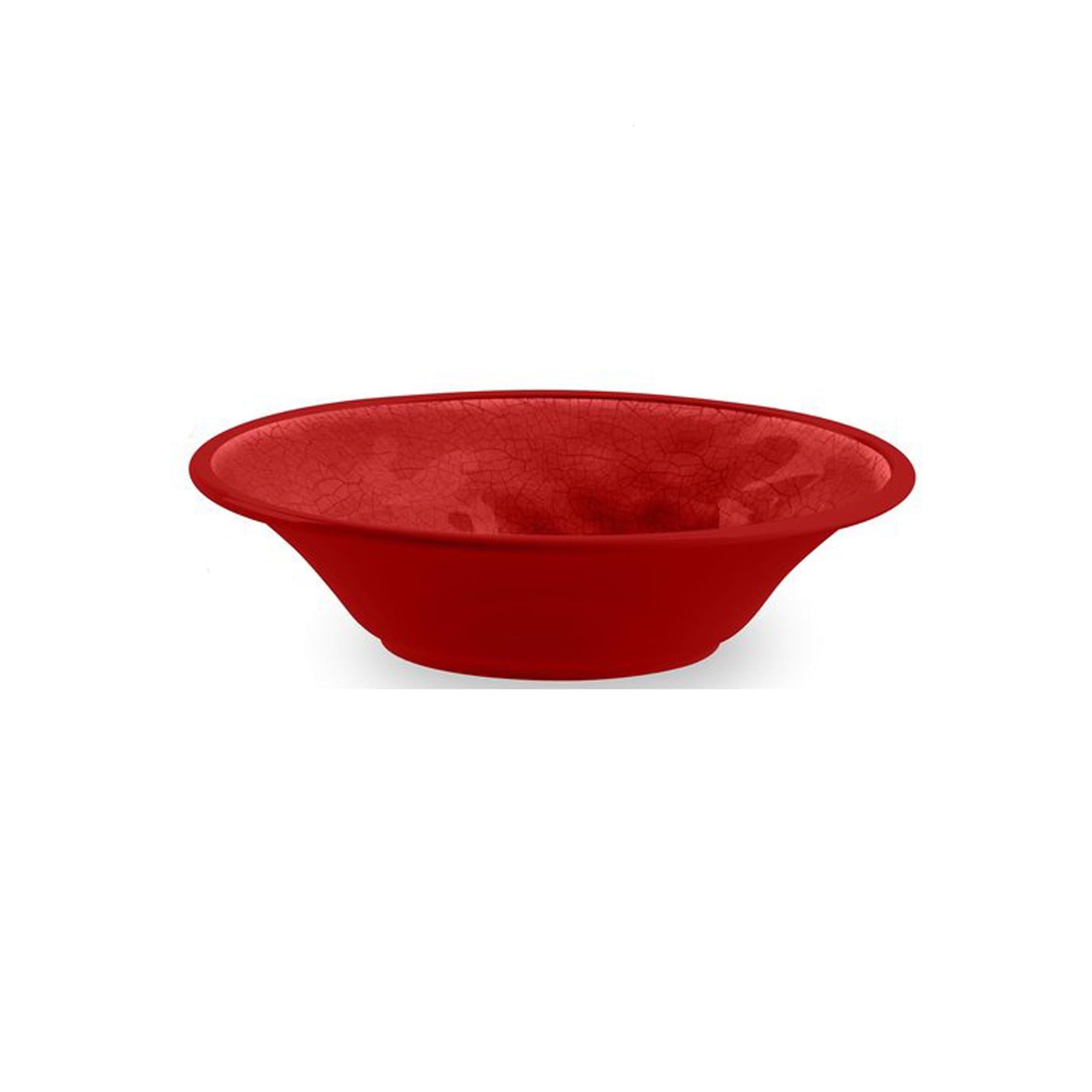 Red melamine bowl with crackle glaze finish.