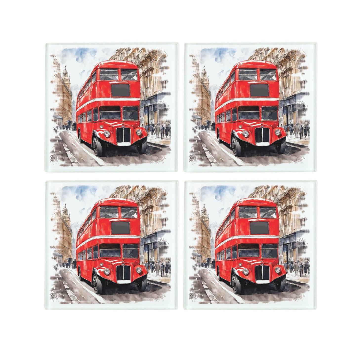 Double Decker London Bus Square Glass Coasters